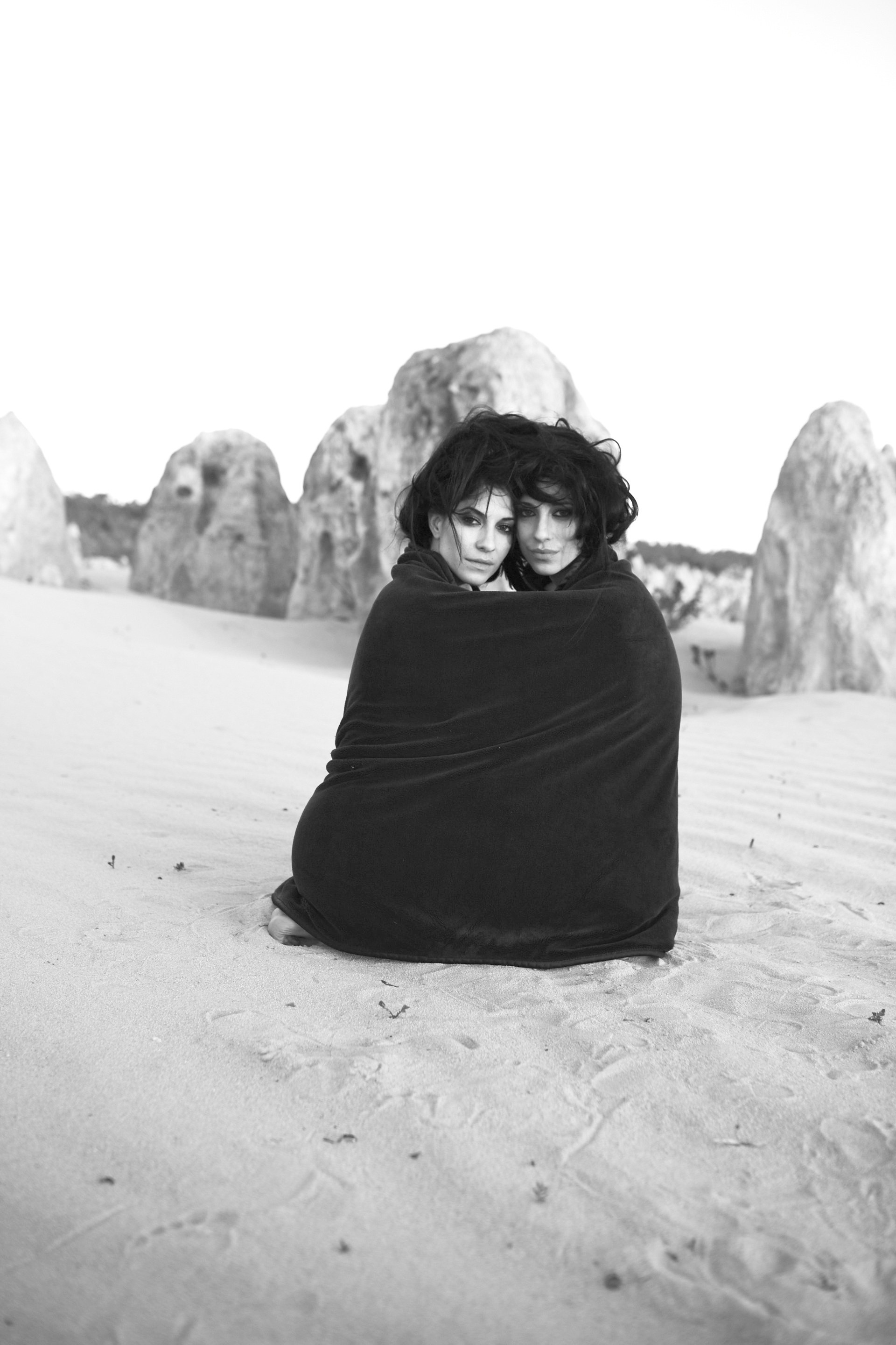 The Veronicas, Winter photoshoot, Snowy landscape, Monochrome photography, 1920x2880 HD Phone