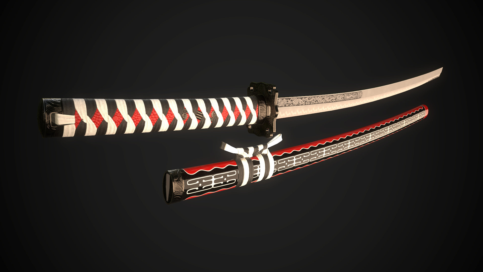 Japanese katana sword, Ornate red saya scabbard, Braided tsuka hilt, Full HD Desktop wallpaper