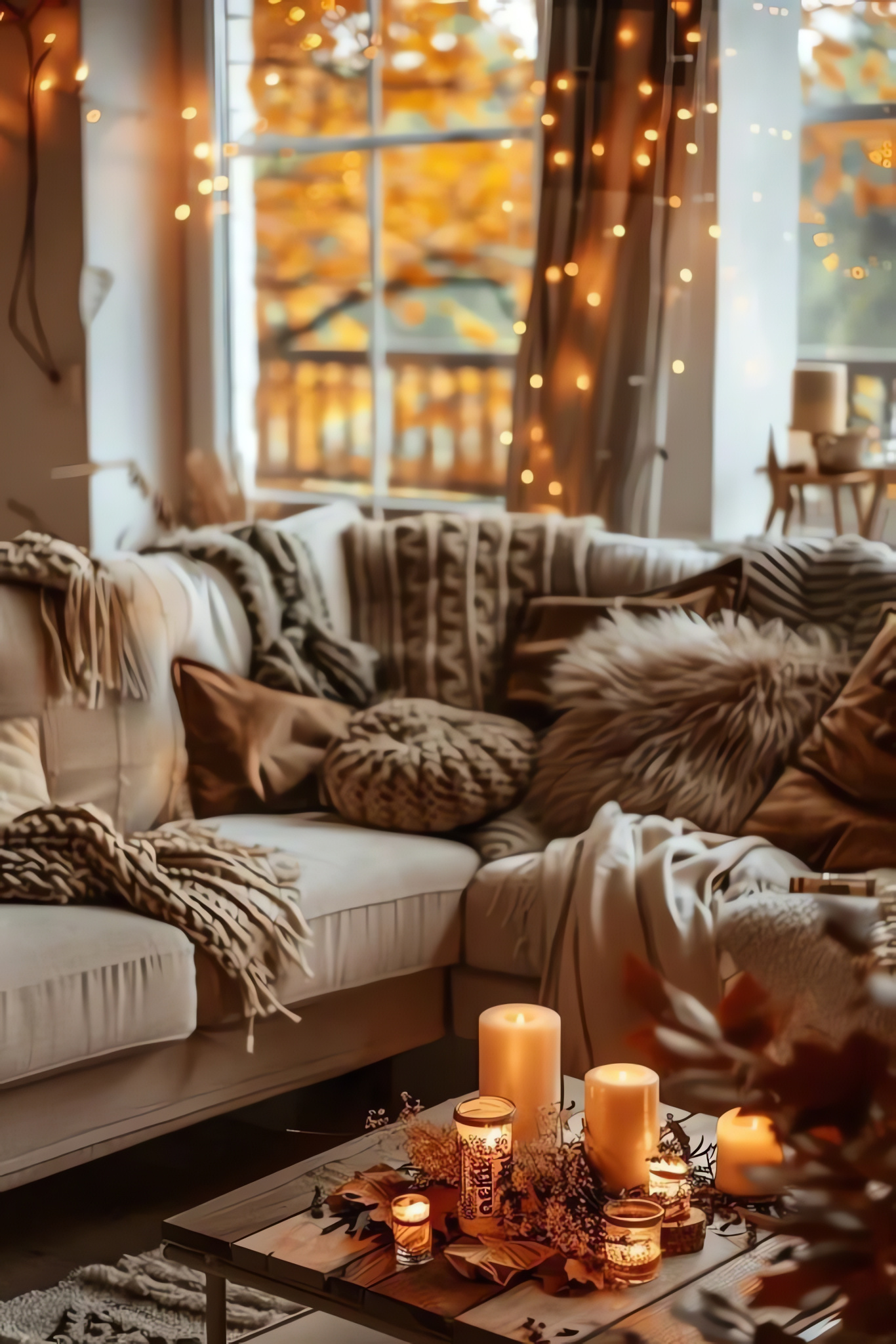 Cozy Room, Candles, Garland, Sofa, Pillows, Blankets, Autumn, 2050p