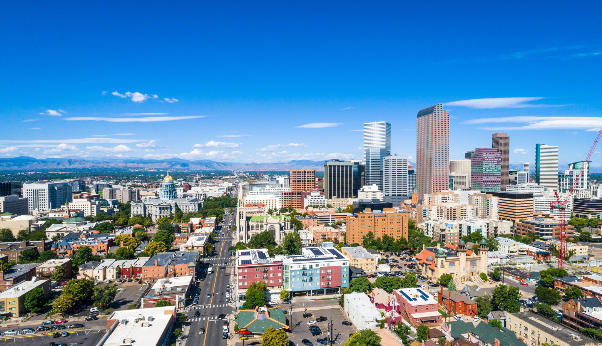 Aerial drone view, Denver Colorado skyline, Cityscape, 2050x1180 HD Desktop