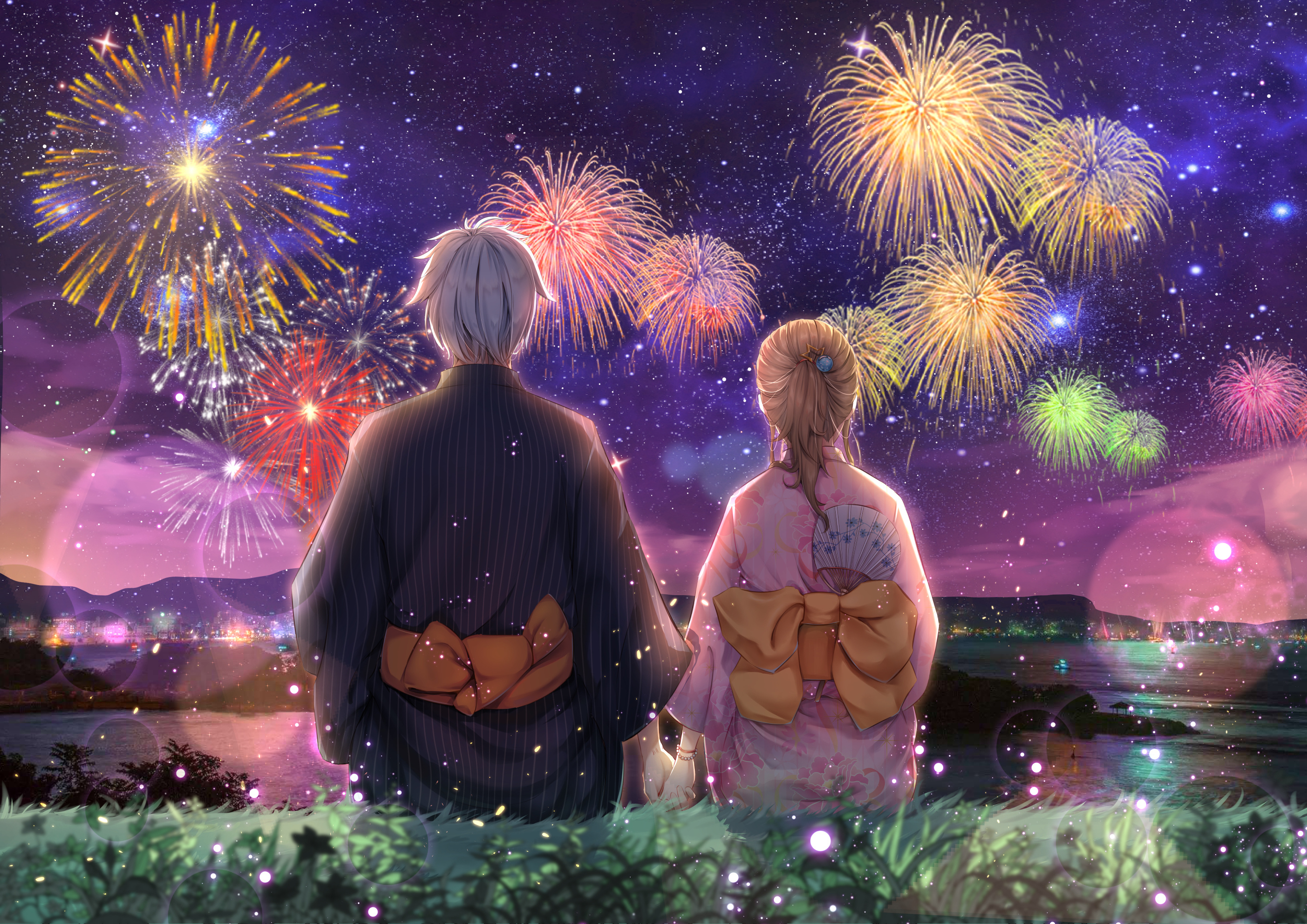 anime couple holding hands, summer festival fireworks display, traditional Japanese yukata, HD Desktop wallpaper