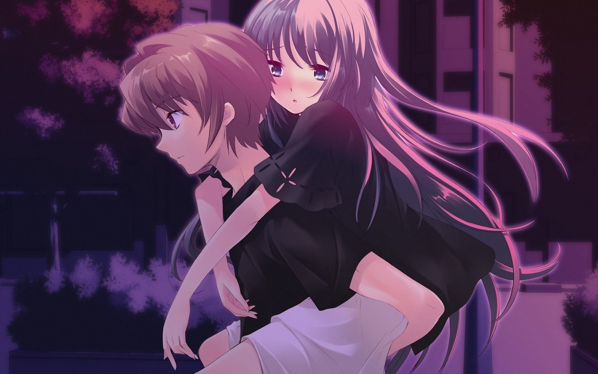 anime couple piggyback, blushing anime girl, purple night street scene, HD Desktop wallpaper