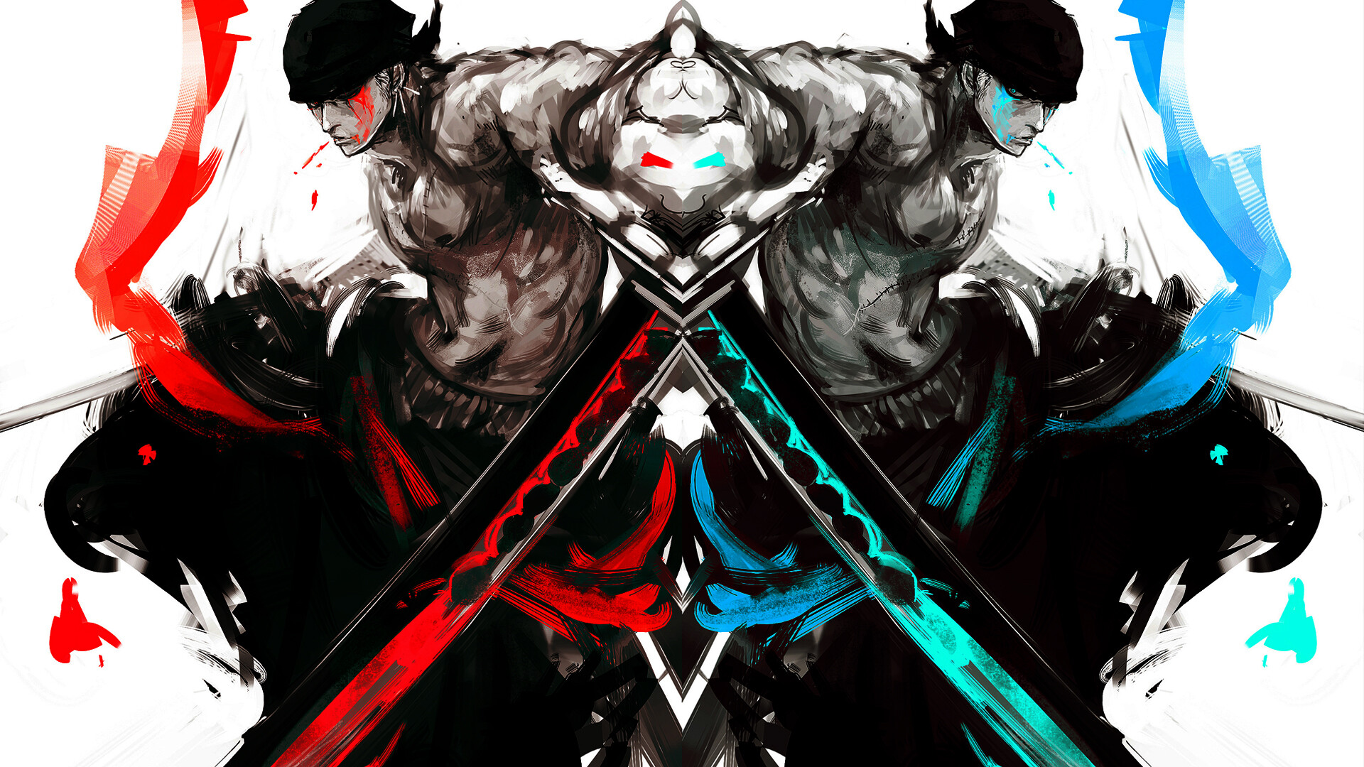 Roronoa Zoro, Three-sword stance, Mirrored composition, Red and teal brushstroke slashes, Full HD Desktop wallpaper