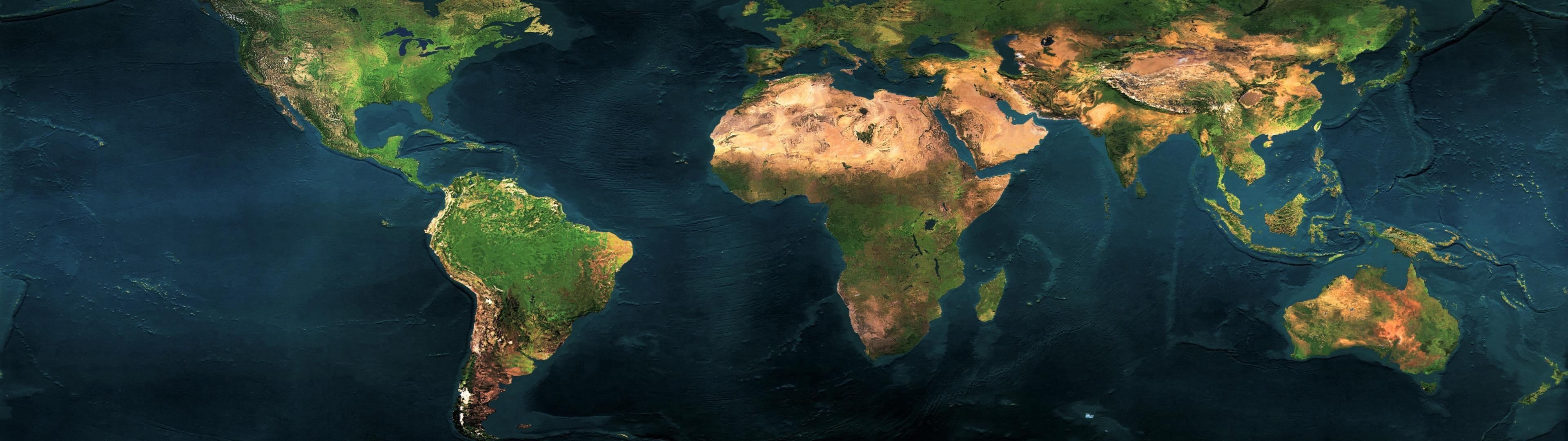 Continents and ocean, Global Map Wallpaper, 3840x1080 Dual Screen Desktop