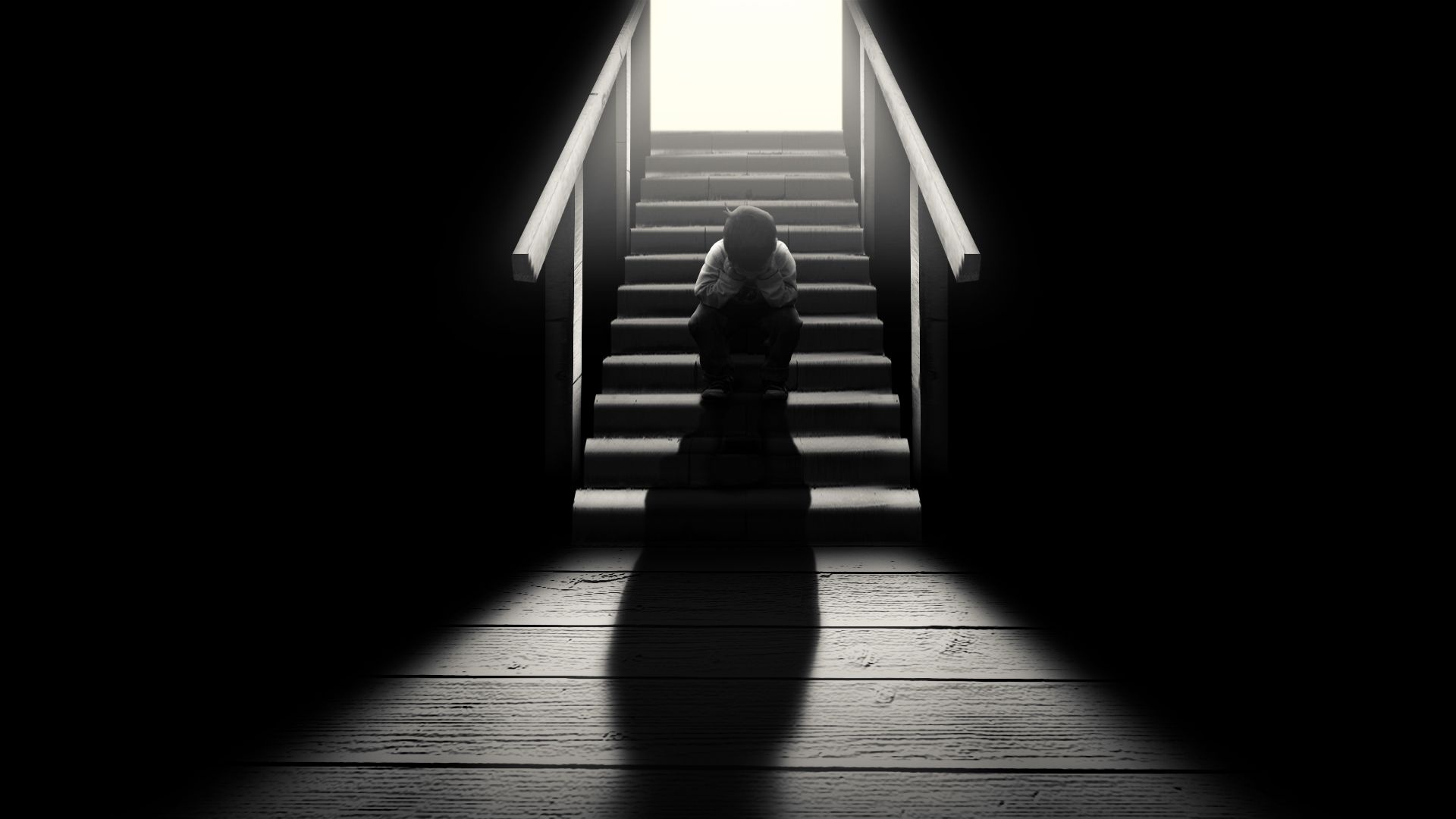 Sad child on staircase, Bright illuminated doorway, Wooden floor cast shadow, Full HD Desktop wallpaper