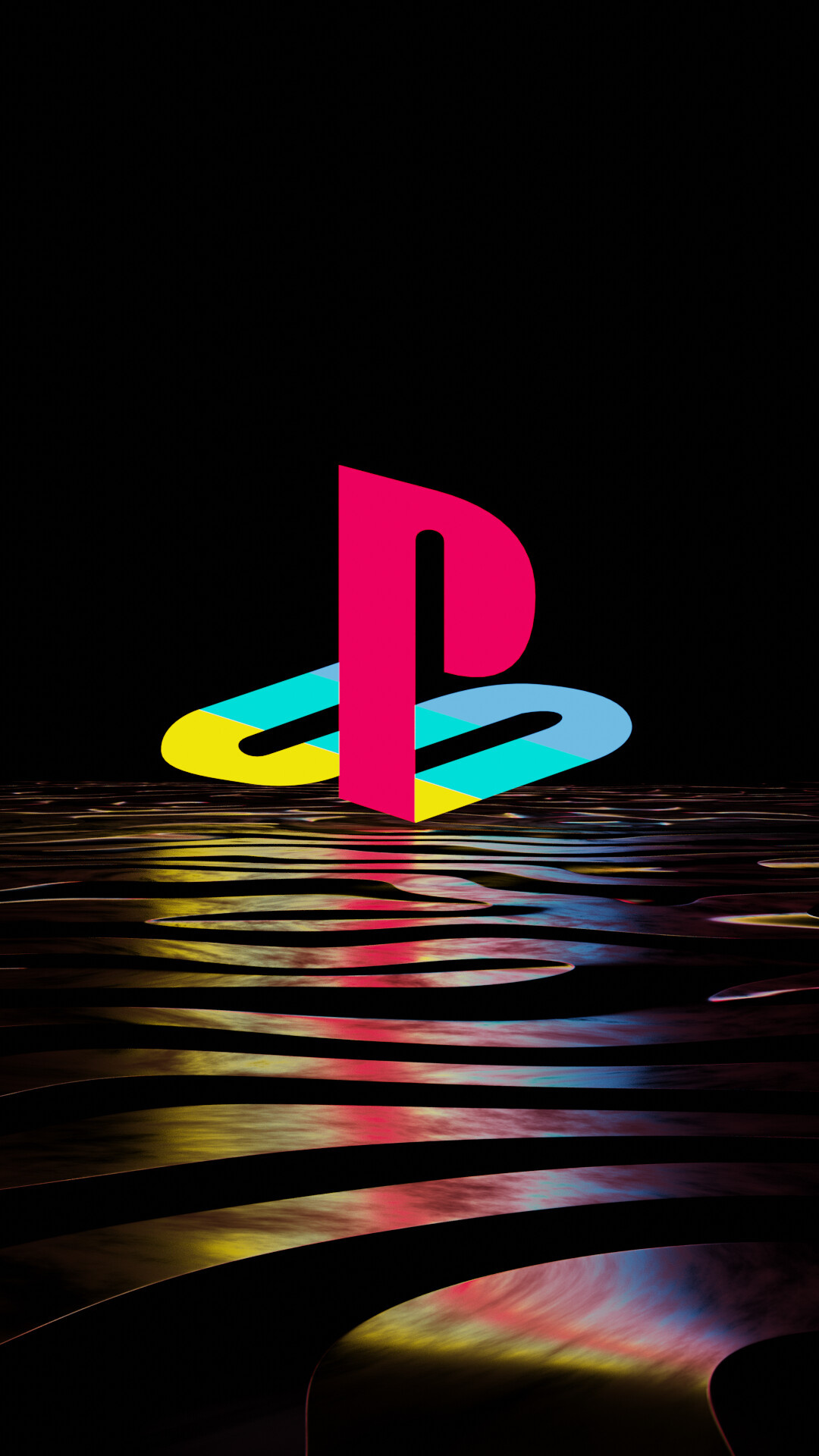 PlayStation logo, Reflective wavy water surface, Neon liquid ripples, Full HD Phone wallpaper