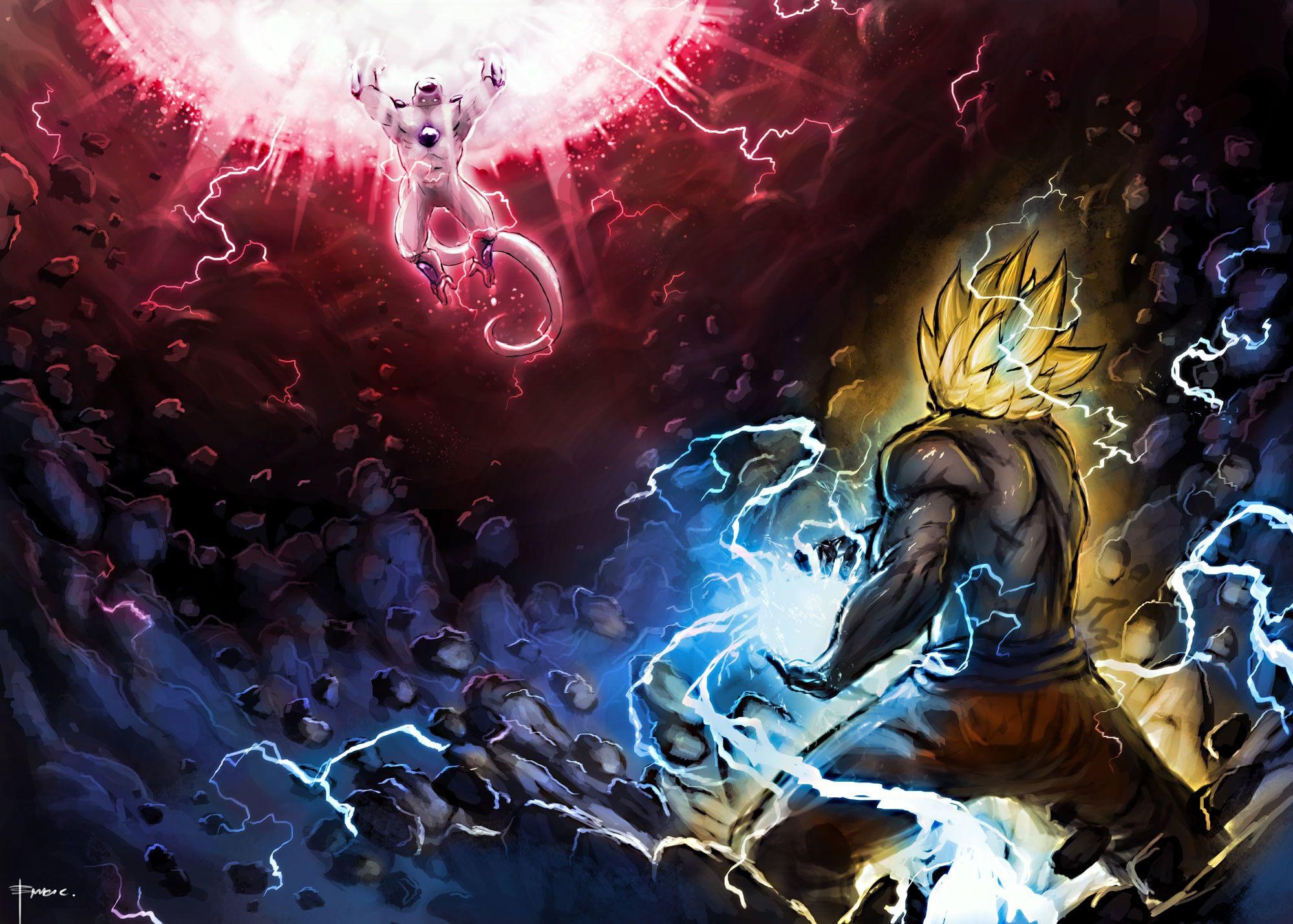 Super Saiyan Goku, Final Form Frieza, Kamehameha energy clash, HD Desktop wallpaper