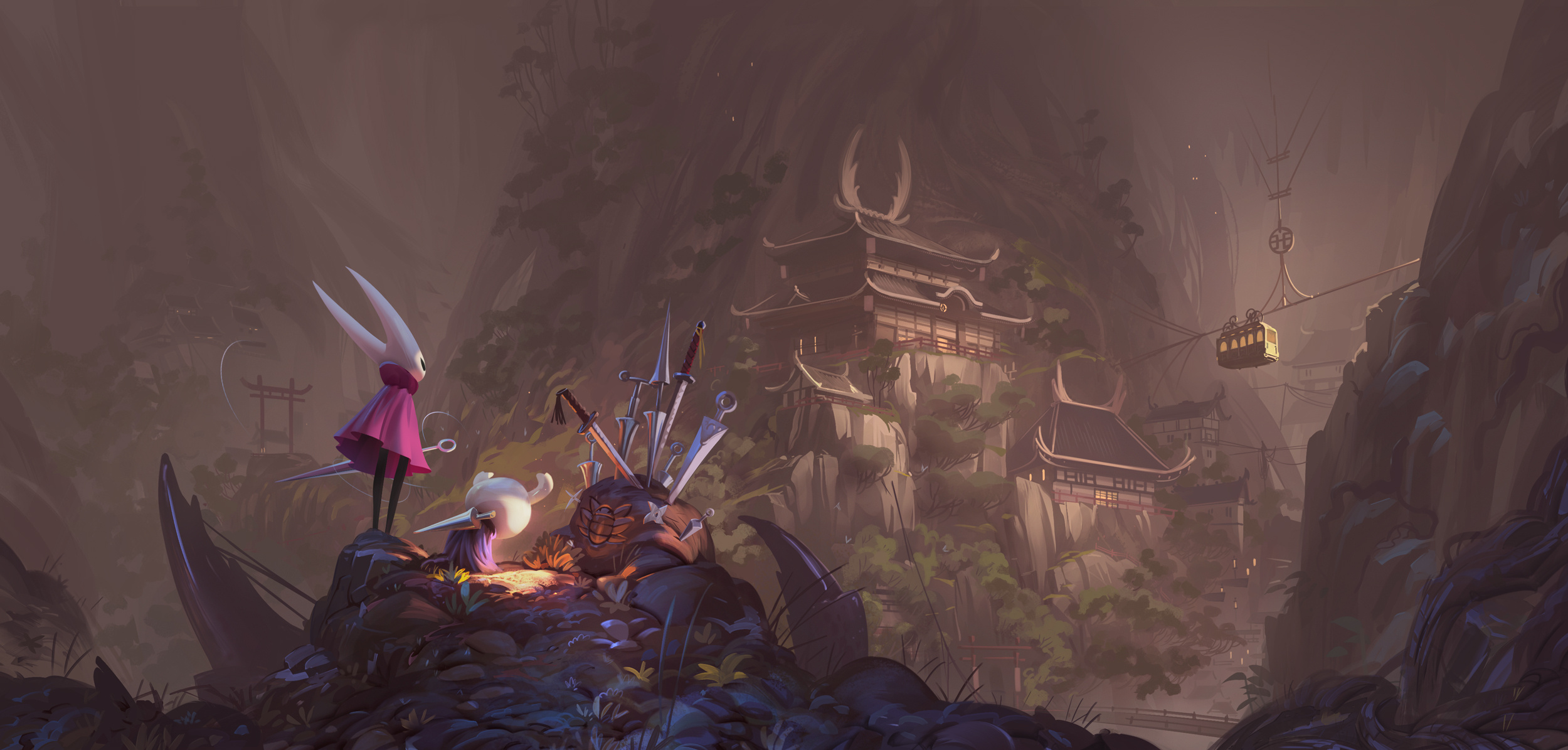 Hornet, The Knight, cliffside pagoda temple, Dual Screen Desktop wallpaper
