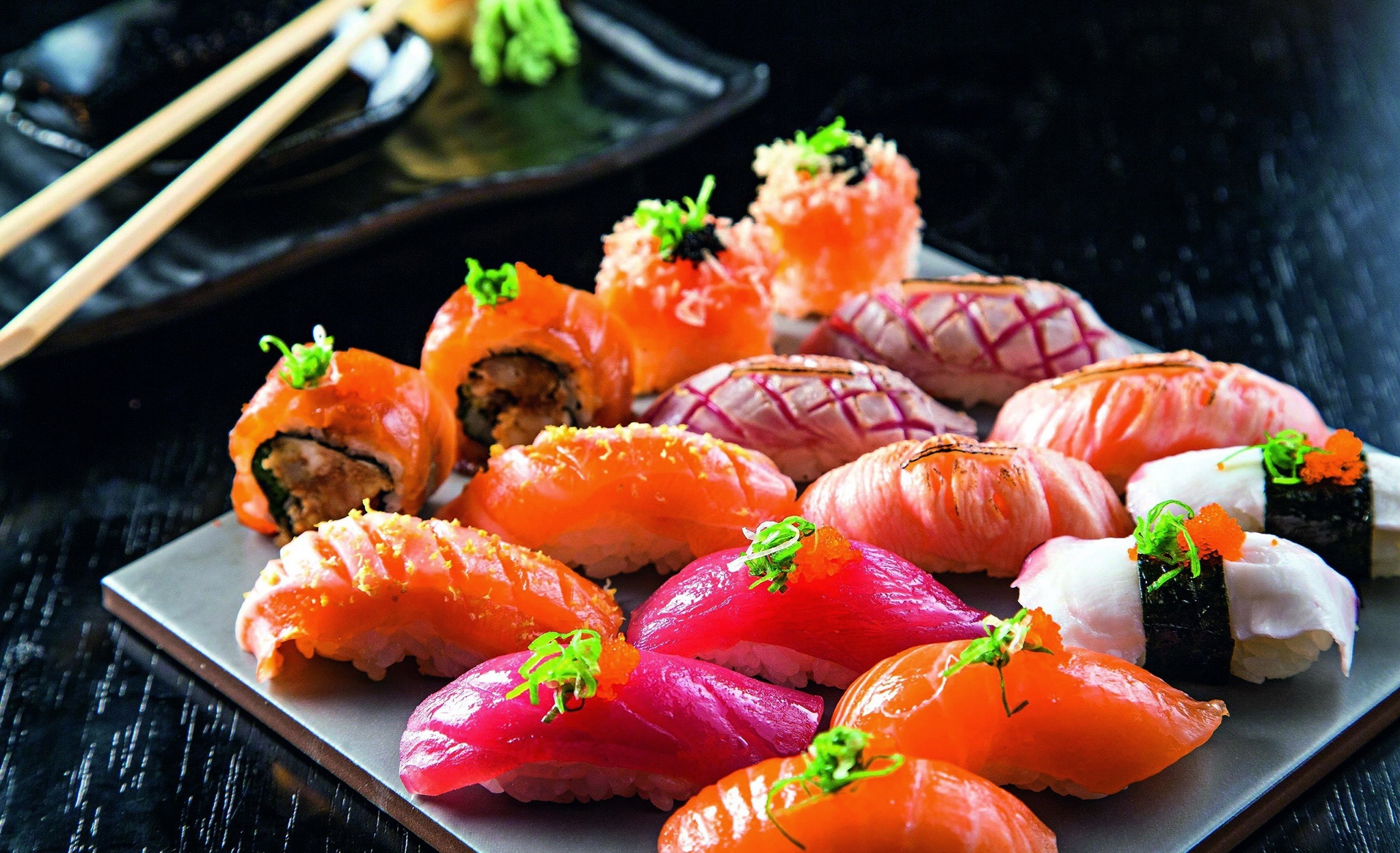 Fresh sushi rolls, Japanese cuisine, Seafood delicacy, Food art, 2050x1250 HD Desktop