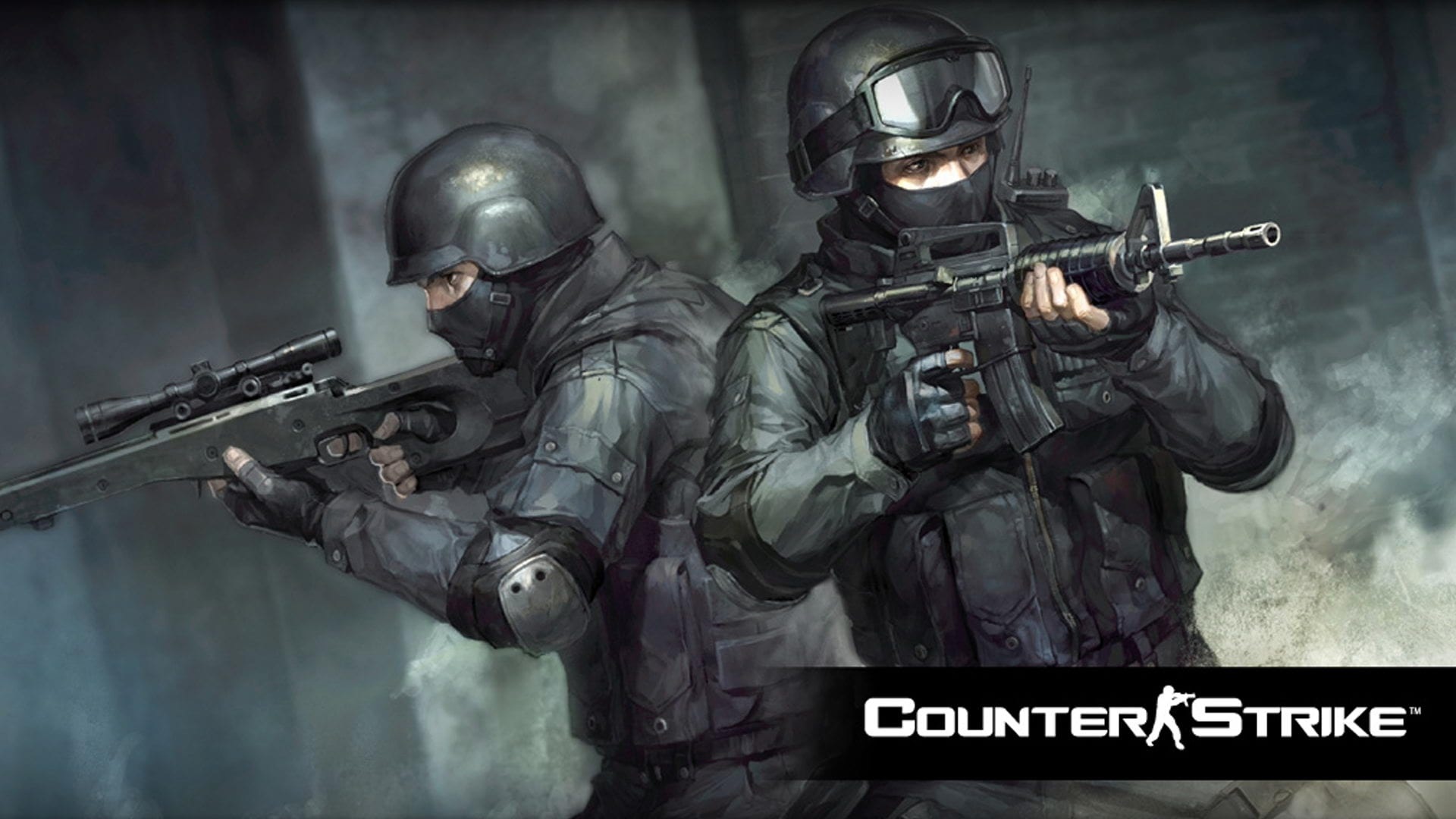 Counter-Strike logo, Counter-Terrorist with M4A1, AWP sniper rifle, Full HD Desktop wallpaper