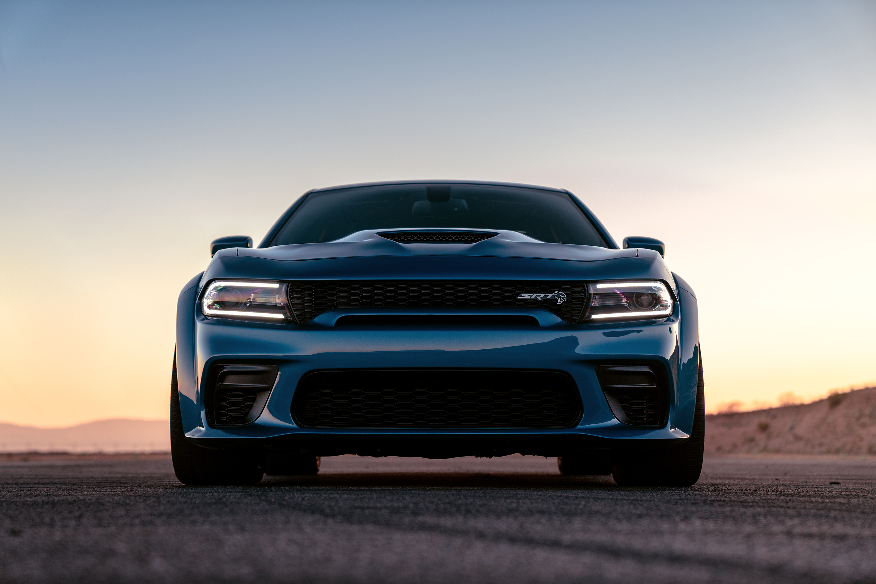 Dodge Charger SRT Hellcat Widebody, SRT Hellcat grille emblem, desert sunset horizon, HD Desktop wallpaper