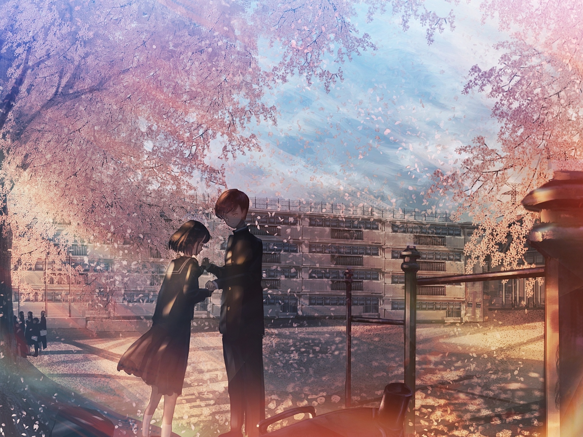Anime high school students, Falling cherry blossom petals, Japanese school building, HD Desktop wallpaper