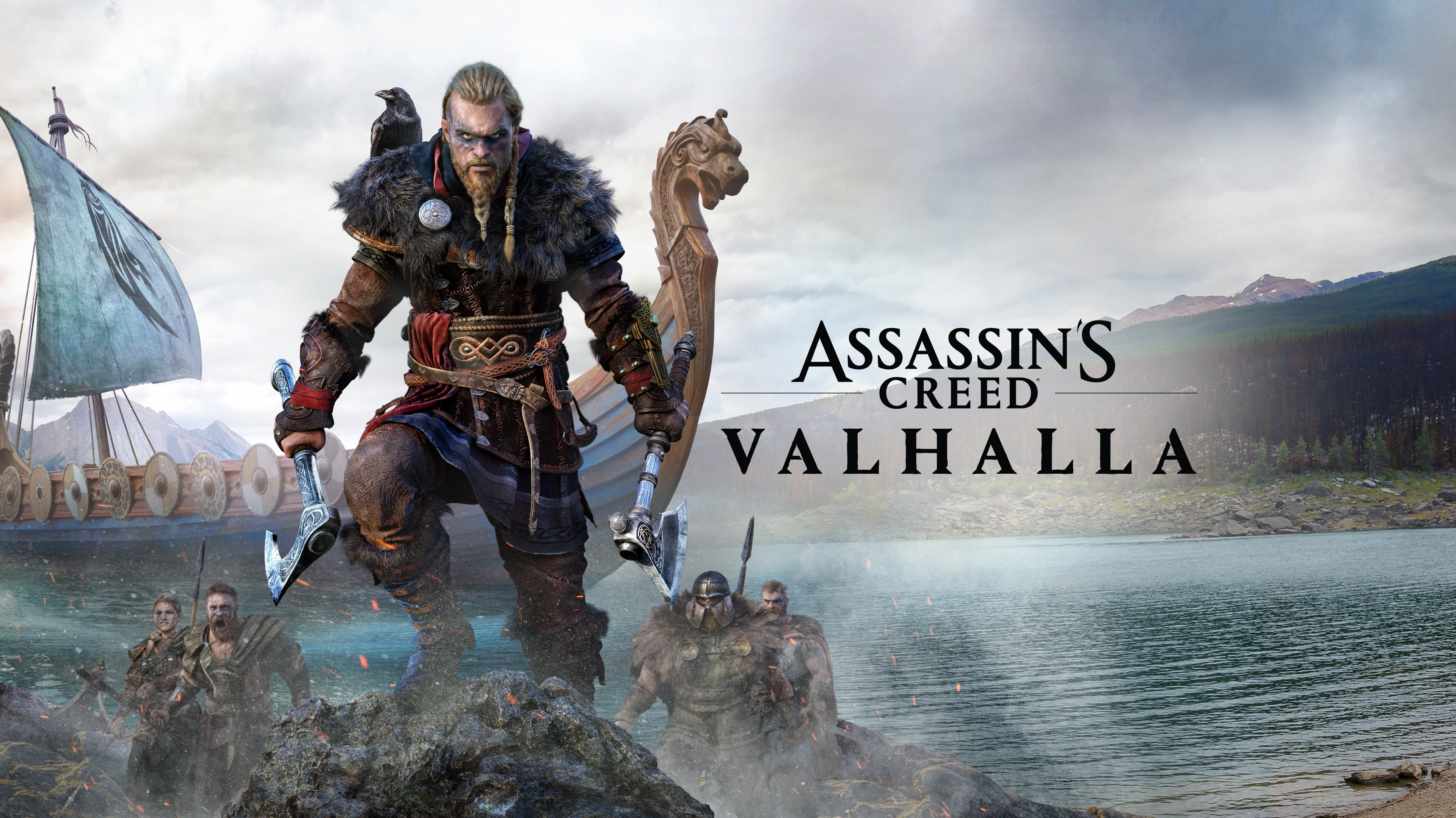Eivor Varinsdottir, Assassin's Creed Valhalla logo, Viking longship on water, 4K Desktop wallpaper