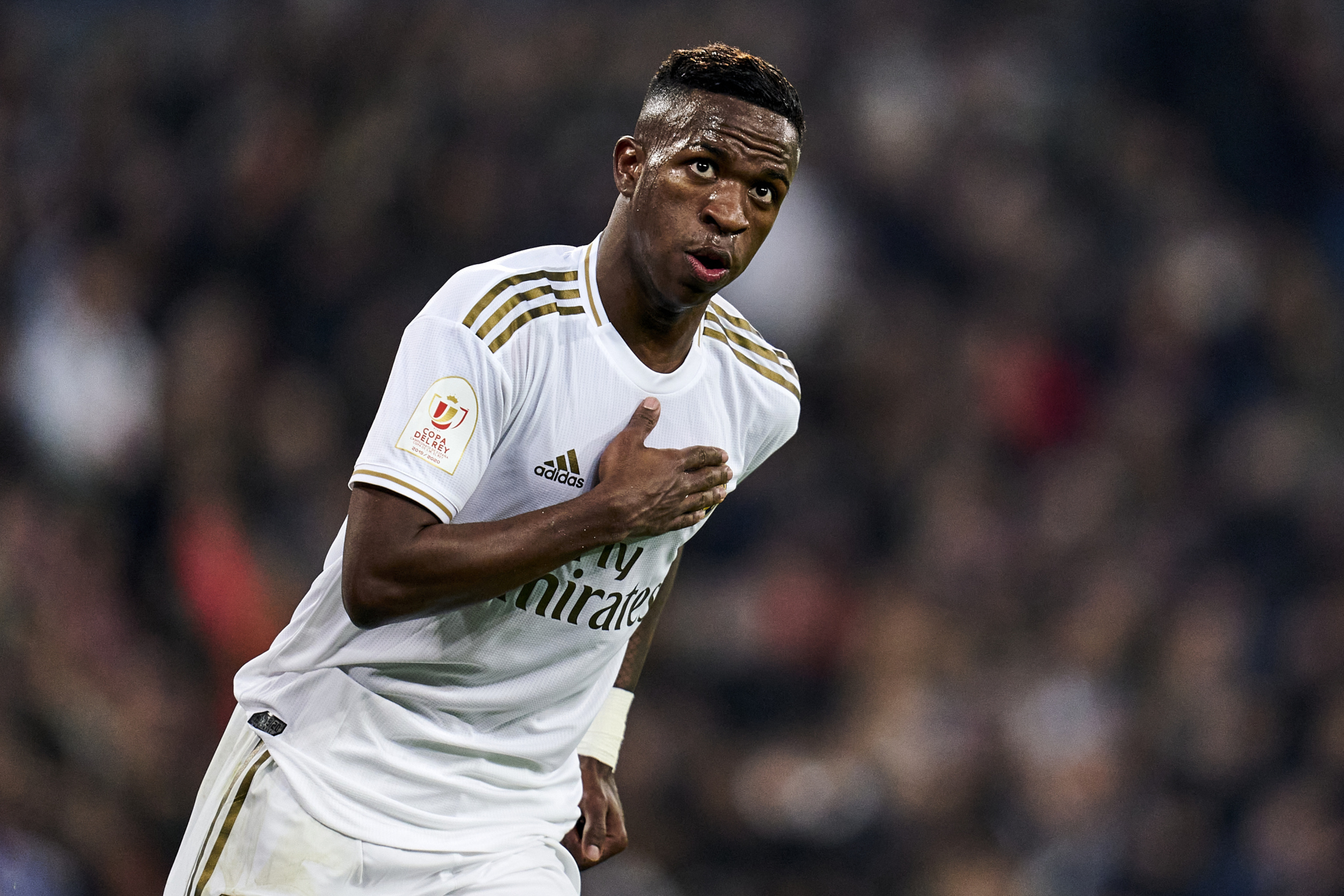 Vinicius Junior, Real Madrid home jersey, Copa del Rey patch, HD Desktop wallpaper