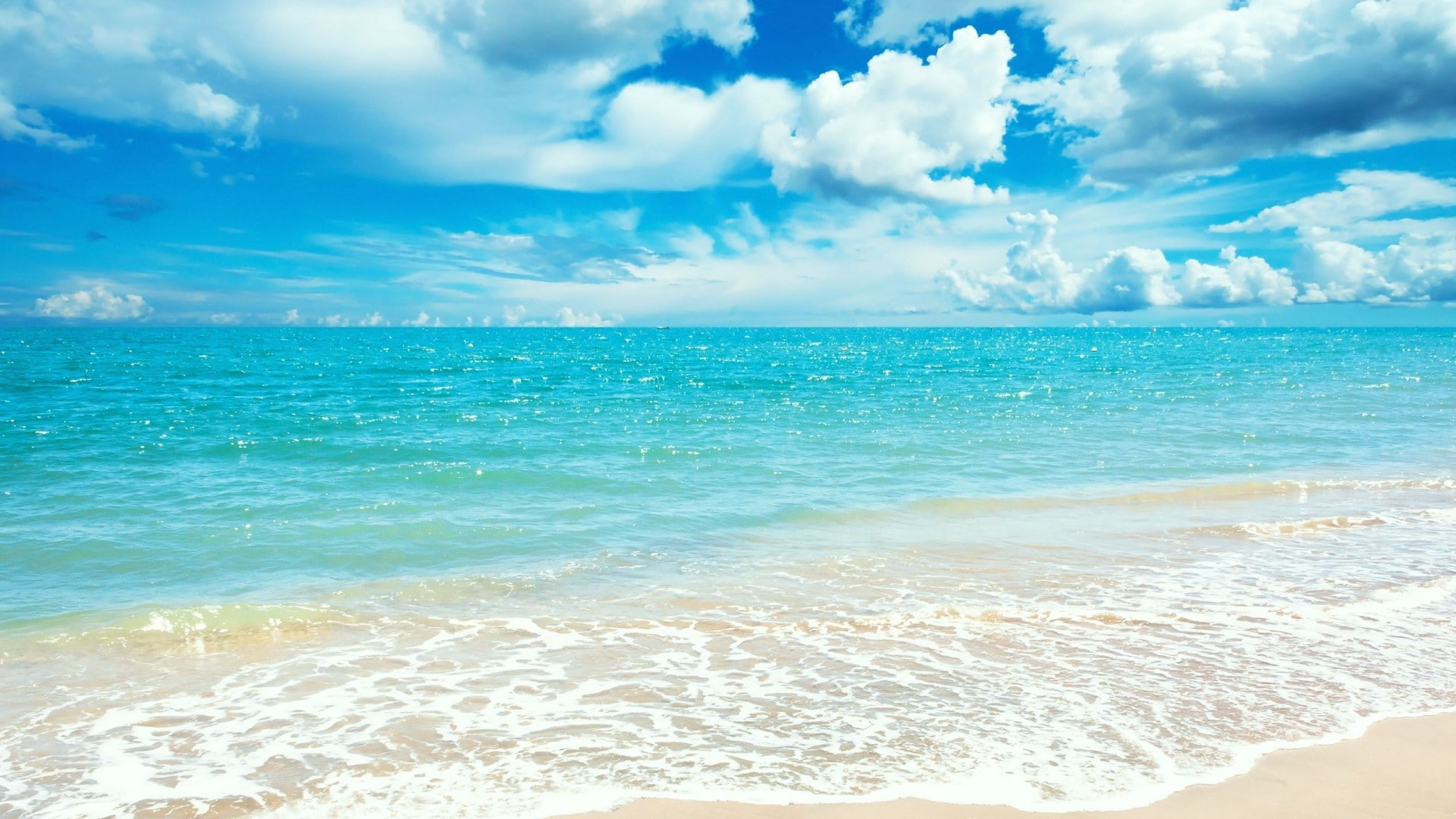 turquoise ocean water, white sea foam shoreline, blue sky cumulus clouds, Full HD Desktop wallpaper