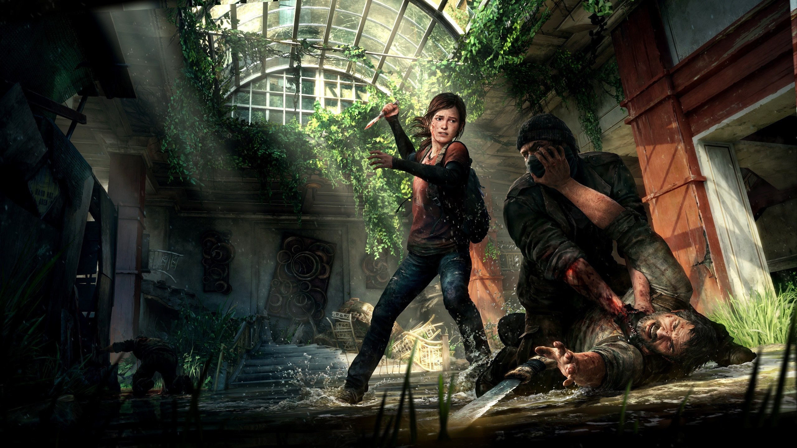 Ellie Williams, Joel Miller, Overgrown flooded atrium, HD Desktop wallpaper