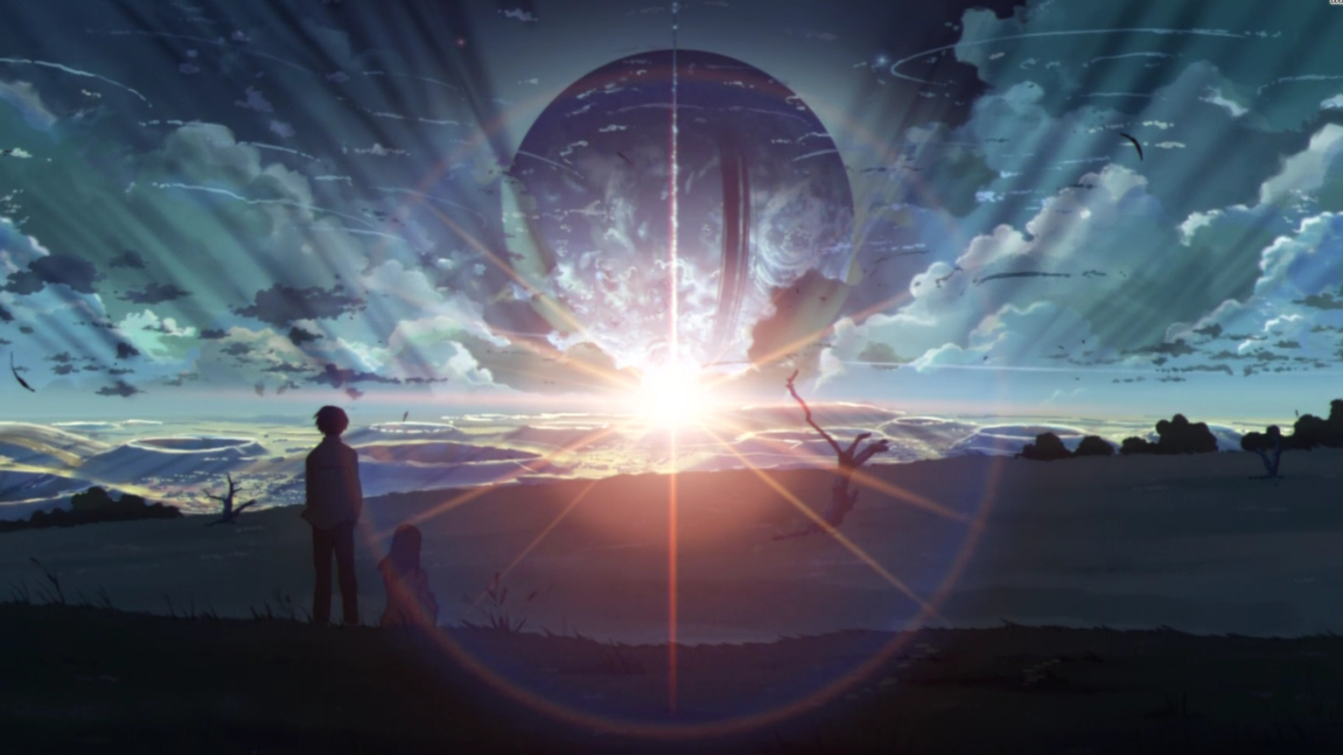 Takaki Tono silhouette, Giant ringed planet sunrise, 5 Centimeters per Second, Full HD Desktop wallpaper