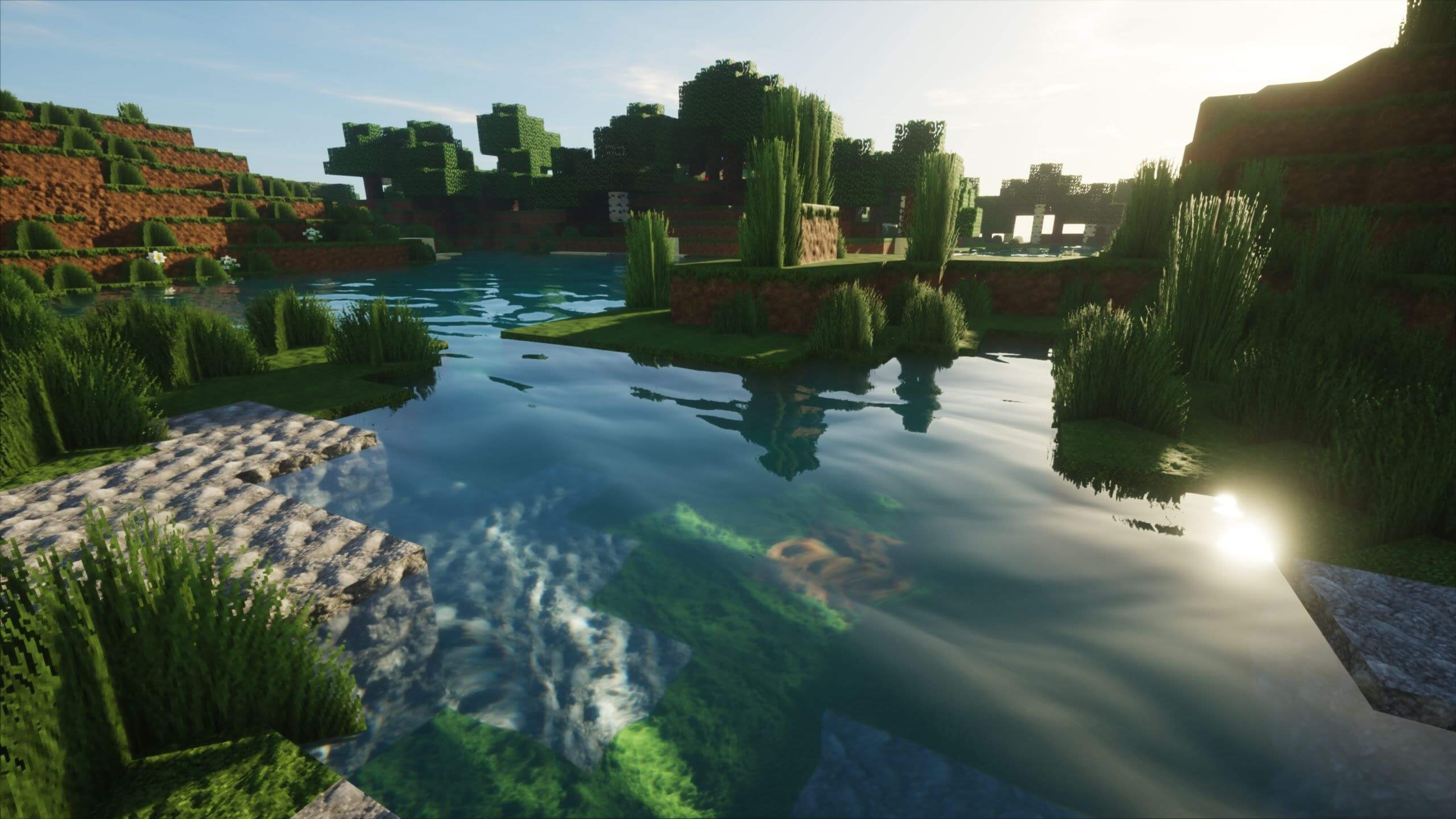 Minecraft realistic shader pack, reflective river with caustics, lush grassy riverbank blocks, HD Desktop wallpaper
