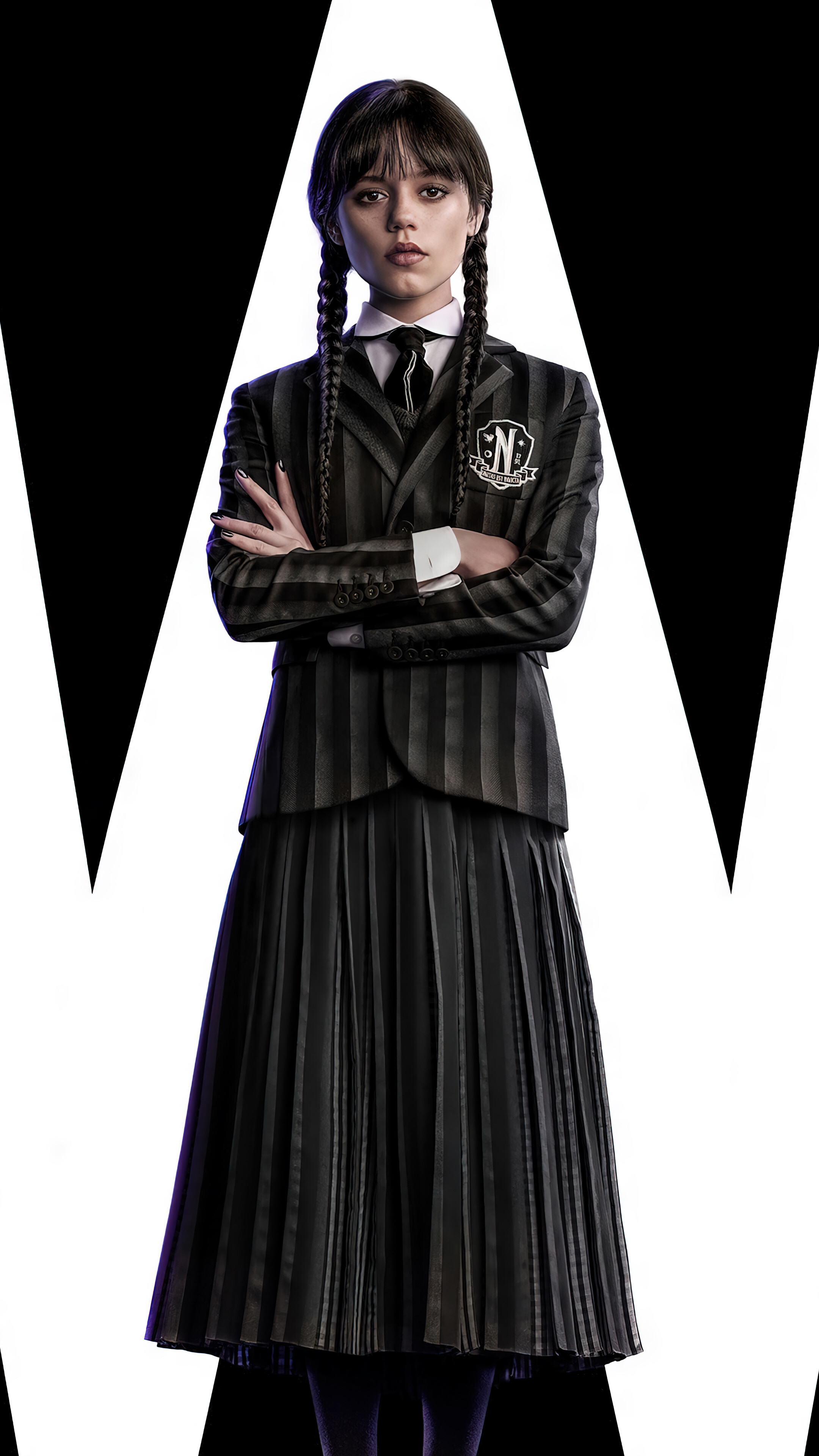 Wednesday Addams, Nevermore Academy uniform, stylized letter W, 4K Phone wallpaper