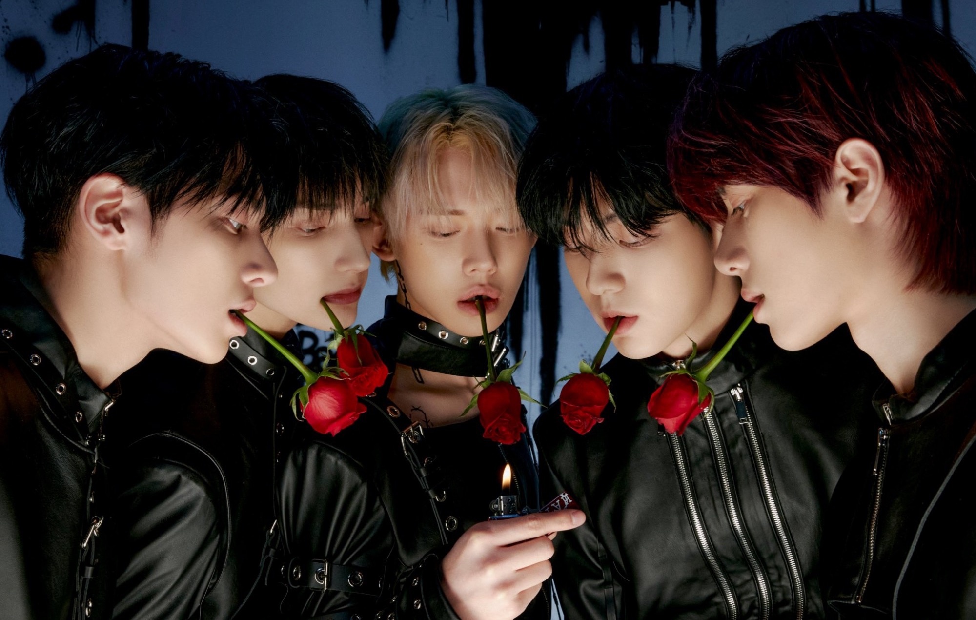 Tomorrow X Together, Minisode 2: Thursday's Child, Red roses in mouth, Black leather jackets, HD Desktop wallpaper