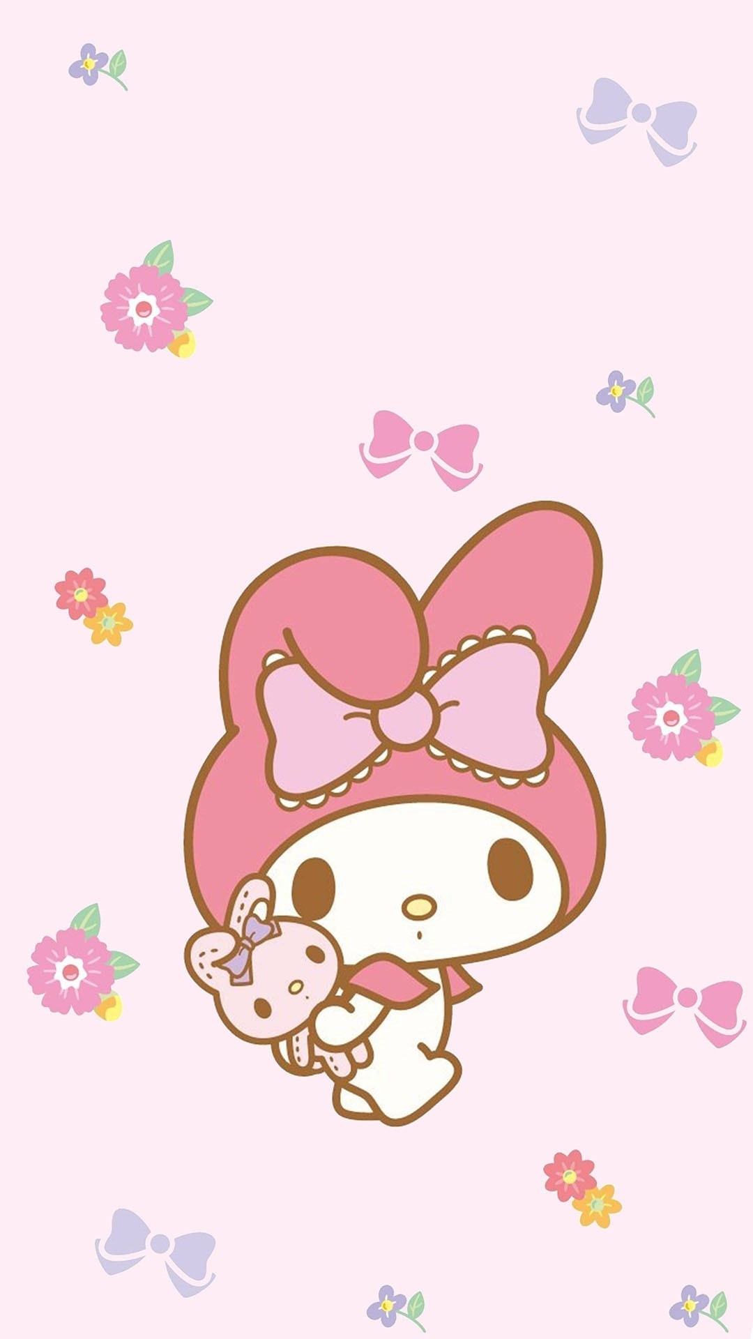 My Melody, bunny plush toy, pink ribbons and flowers, Full HD Phone wallpaper