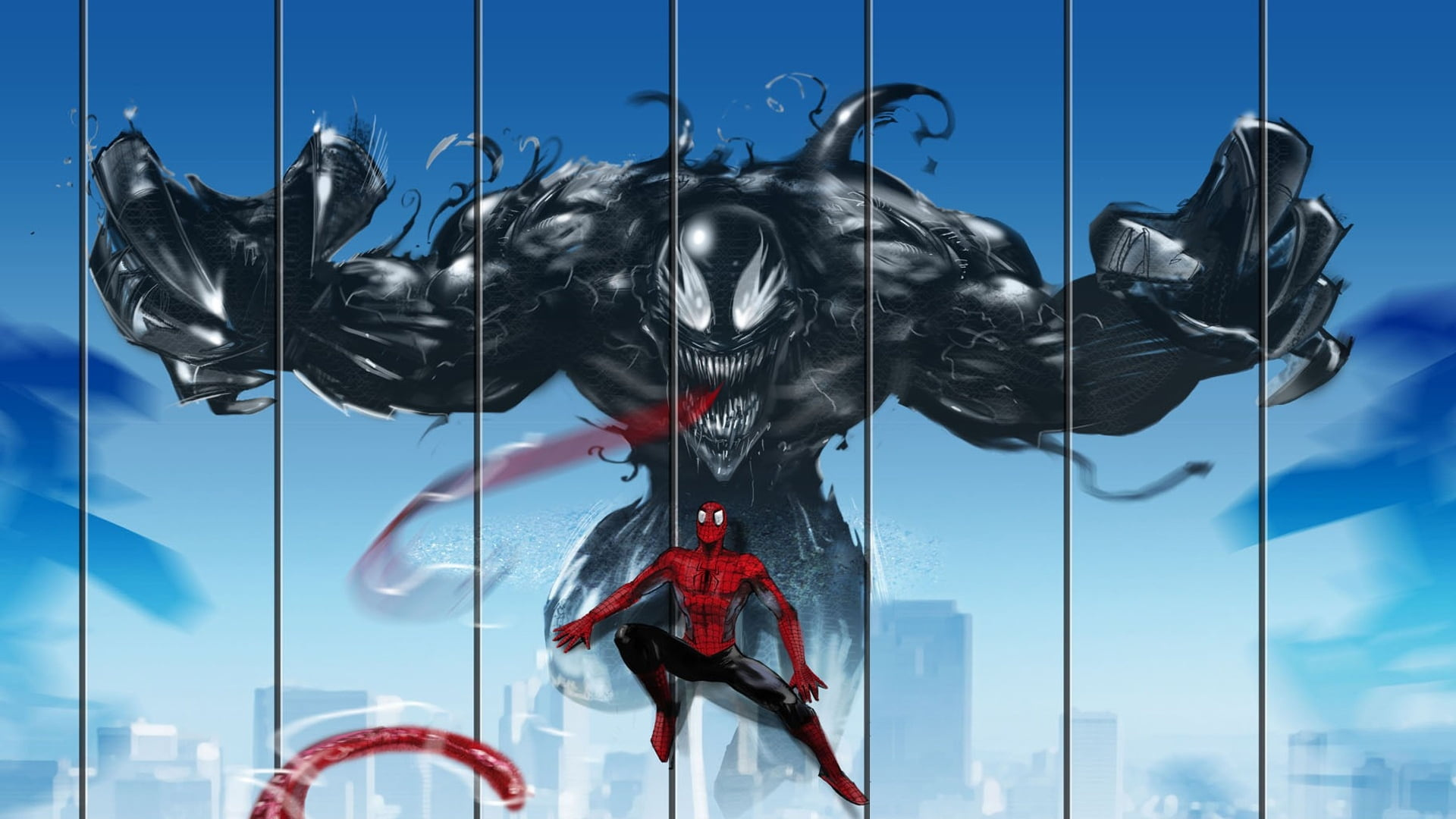 Spider-Man, Venom, Skyscraper glass facade, Full HD Desktop wallpaper
