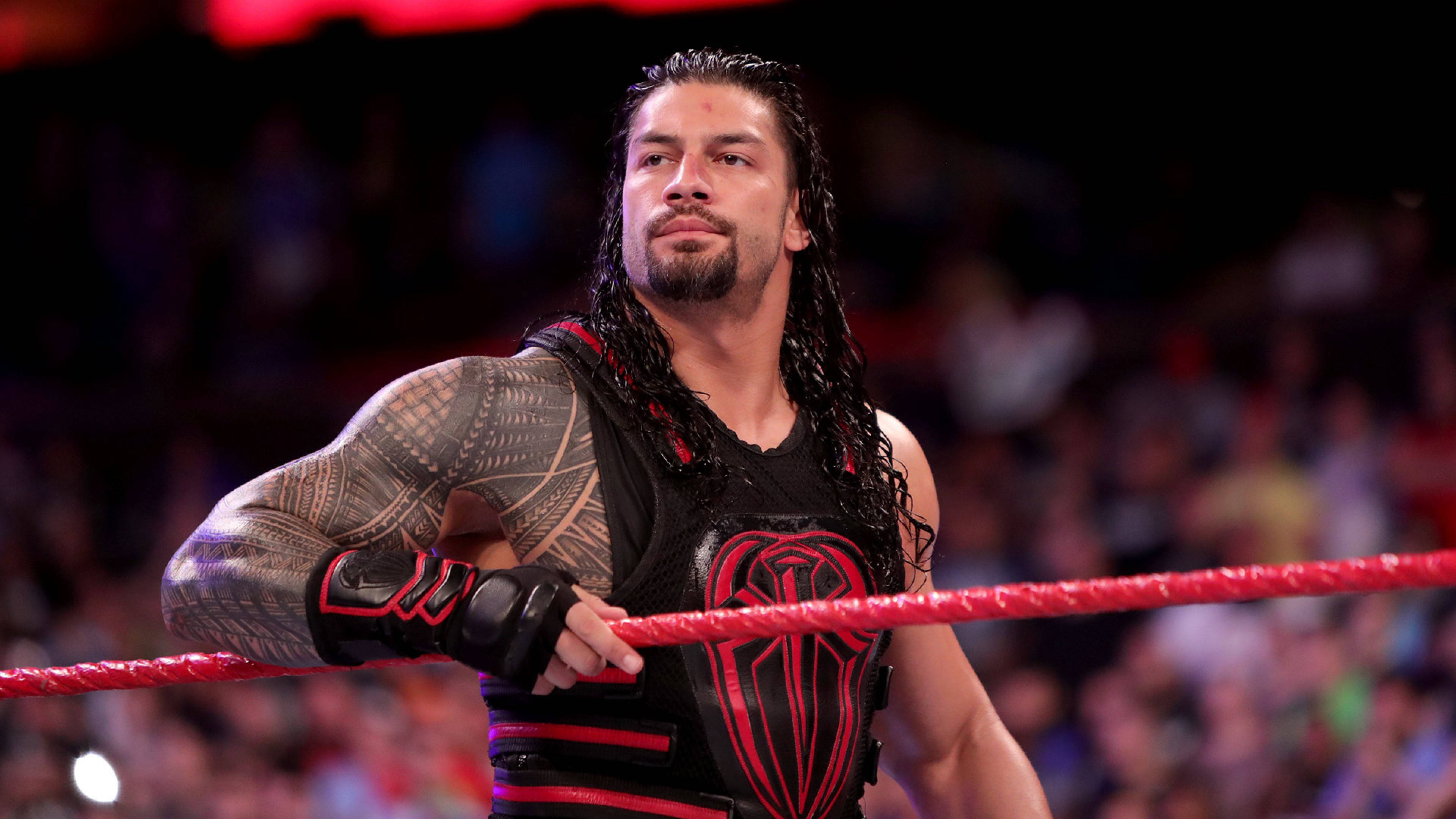 Roman Reigns, Samoan tribal sleeve tattoo, red wrestling ring ropes, 4K Desktop wallpaper