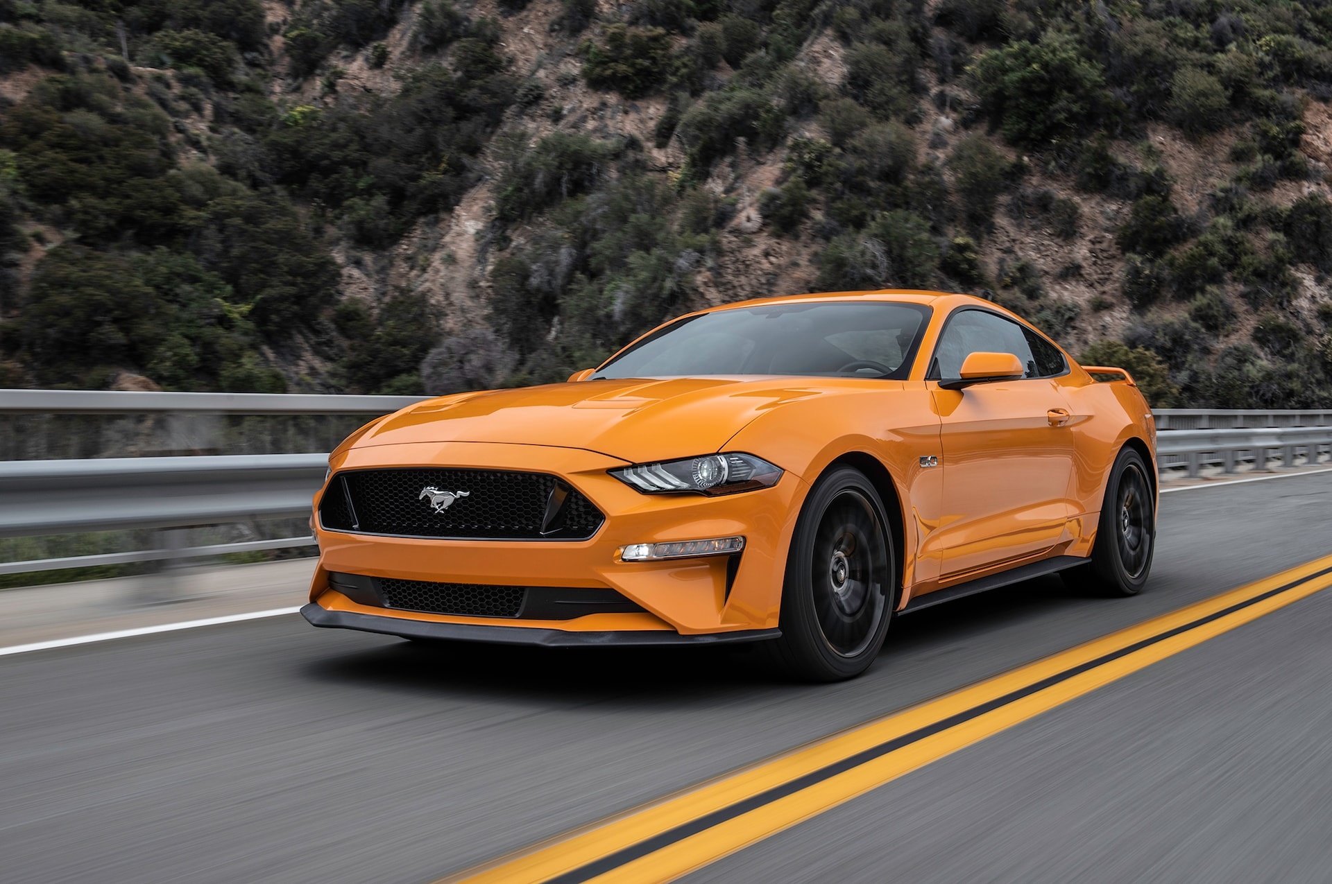 Ford Mustang GT, Mountain highway road, Mustang pony emblem, HD Desktop wallpaper