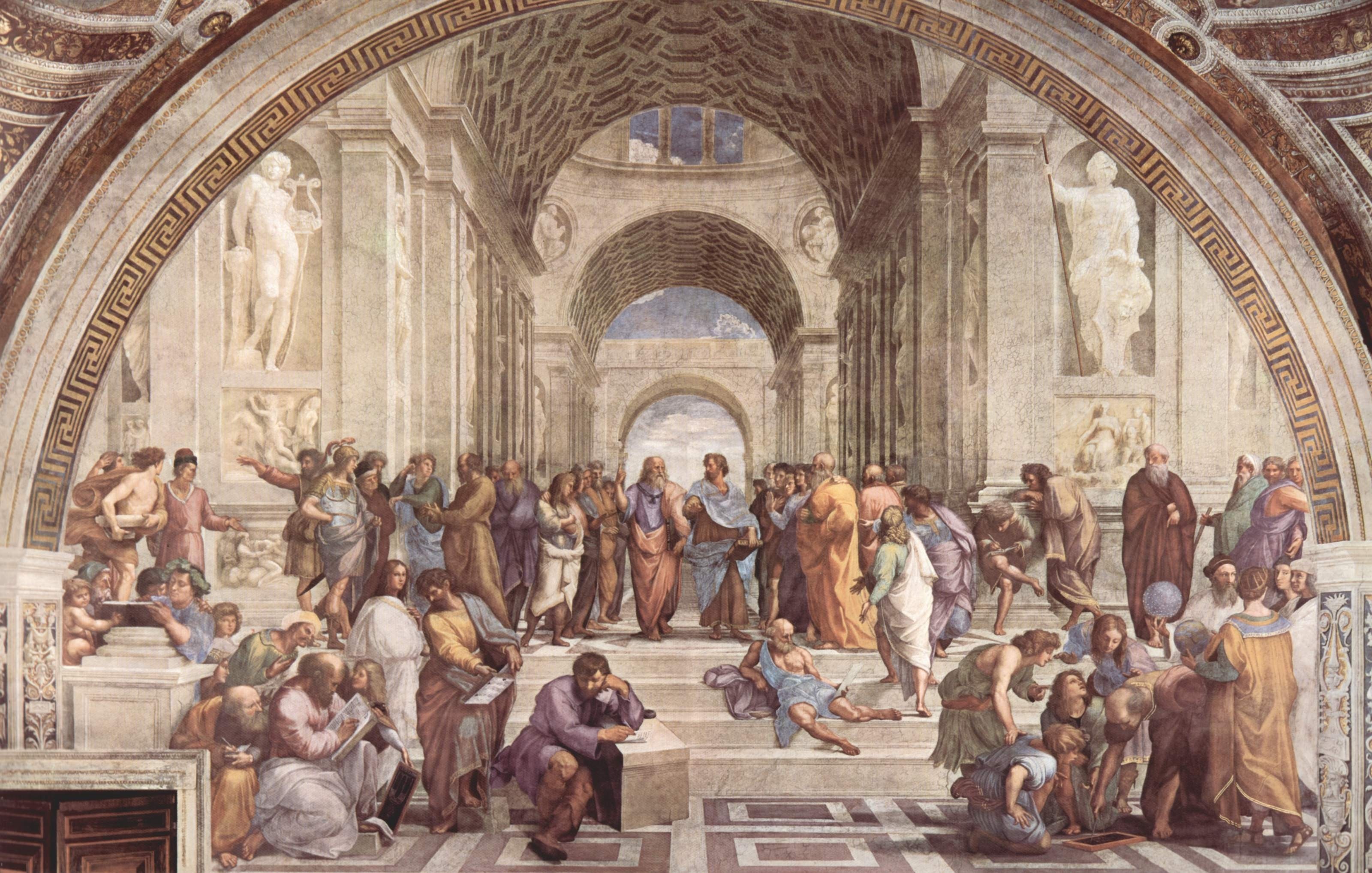 The School of Athens fresco, Plato and Aristotle figures, Heraclitus resting on block, Classical coffered barrel vaults, HD Desktop wallpaper