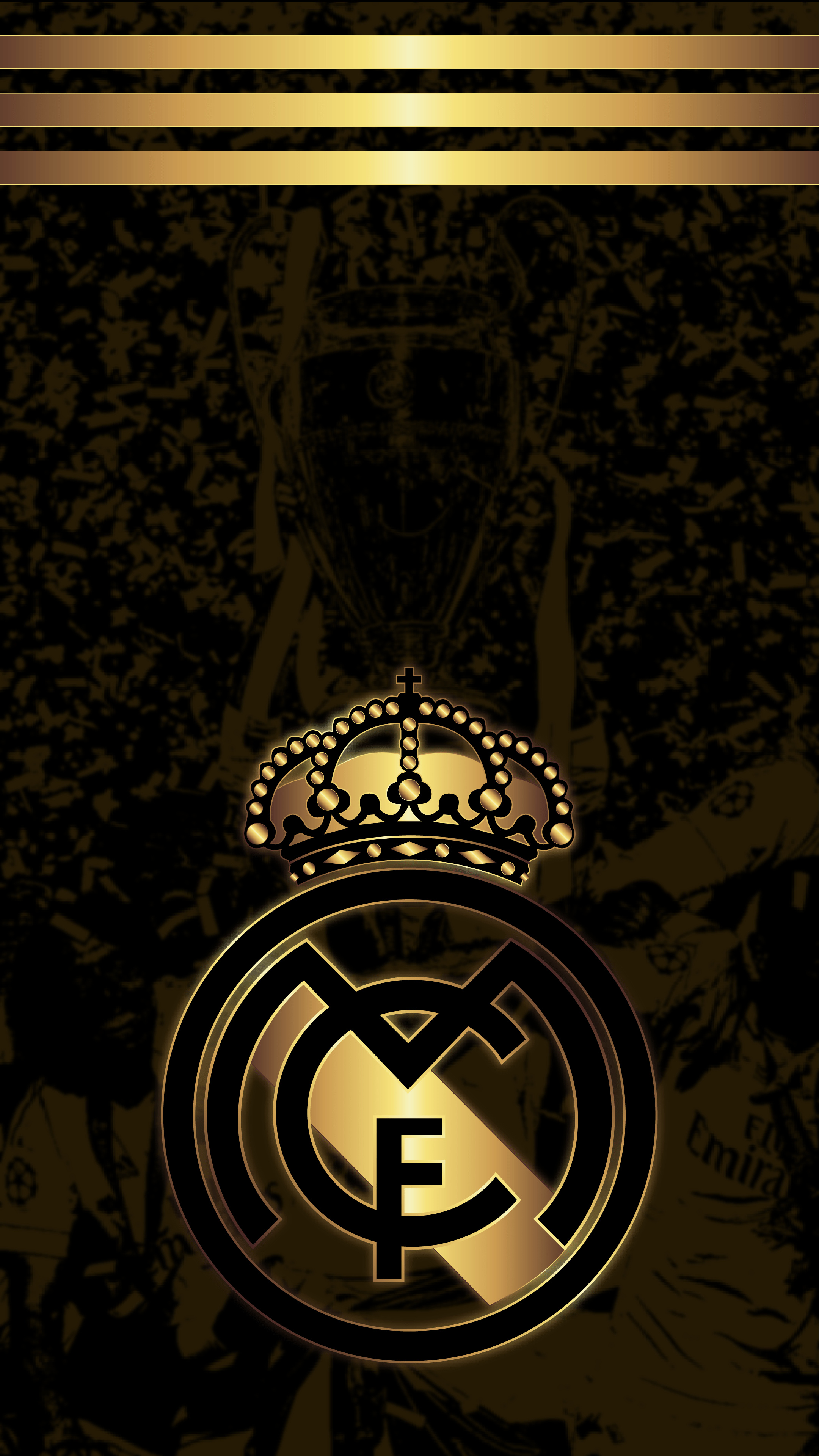 Real Madrid crest, UEFA Champions League trophy, gold metallic stripes, 4K Phone wallpaper
