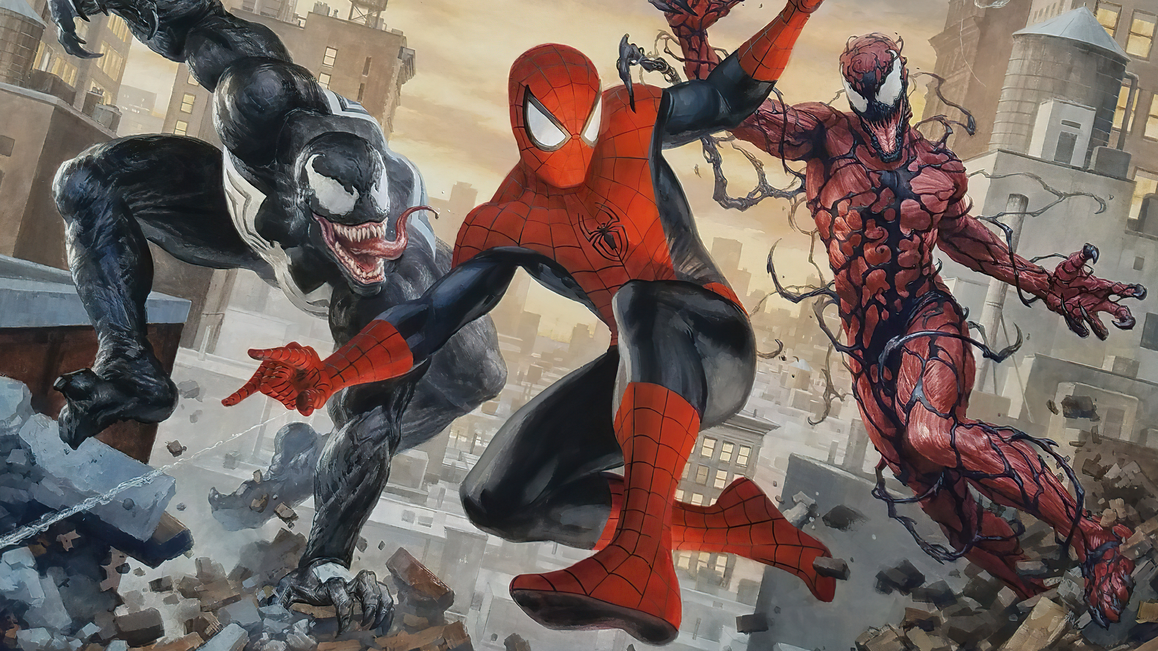 Spider-Man, Venom, Carnage, Crumbling city rooftop, 4K Desktop wallpaper