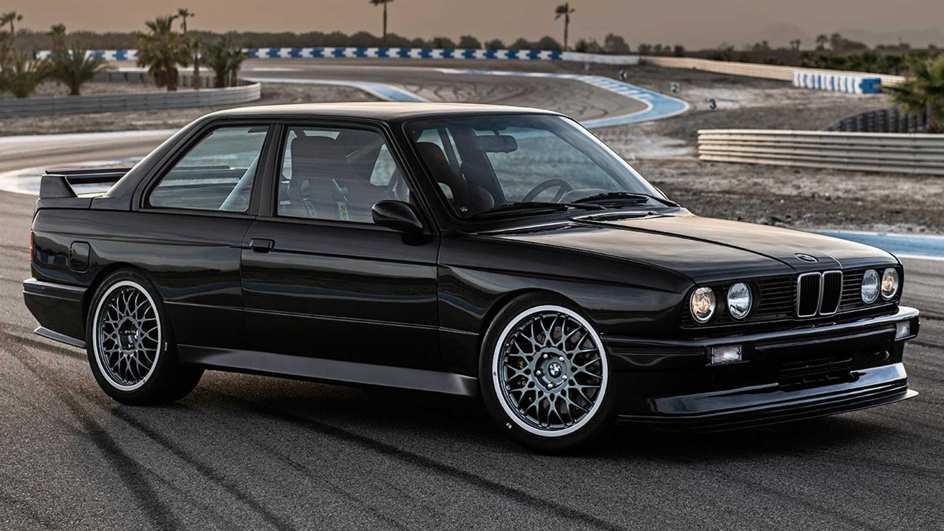 black BMW E30 M3, mesh alloy wheels, asphalt race track, Full HD Desktop wallpaper