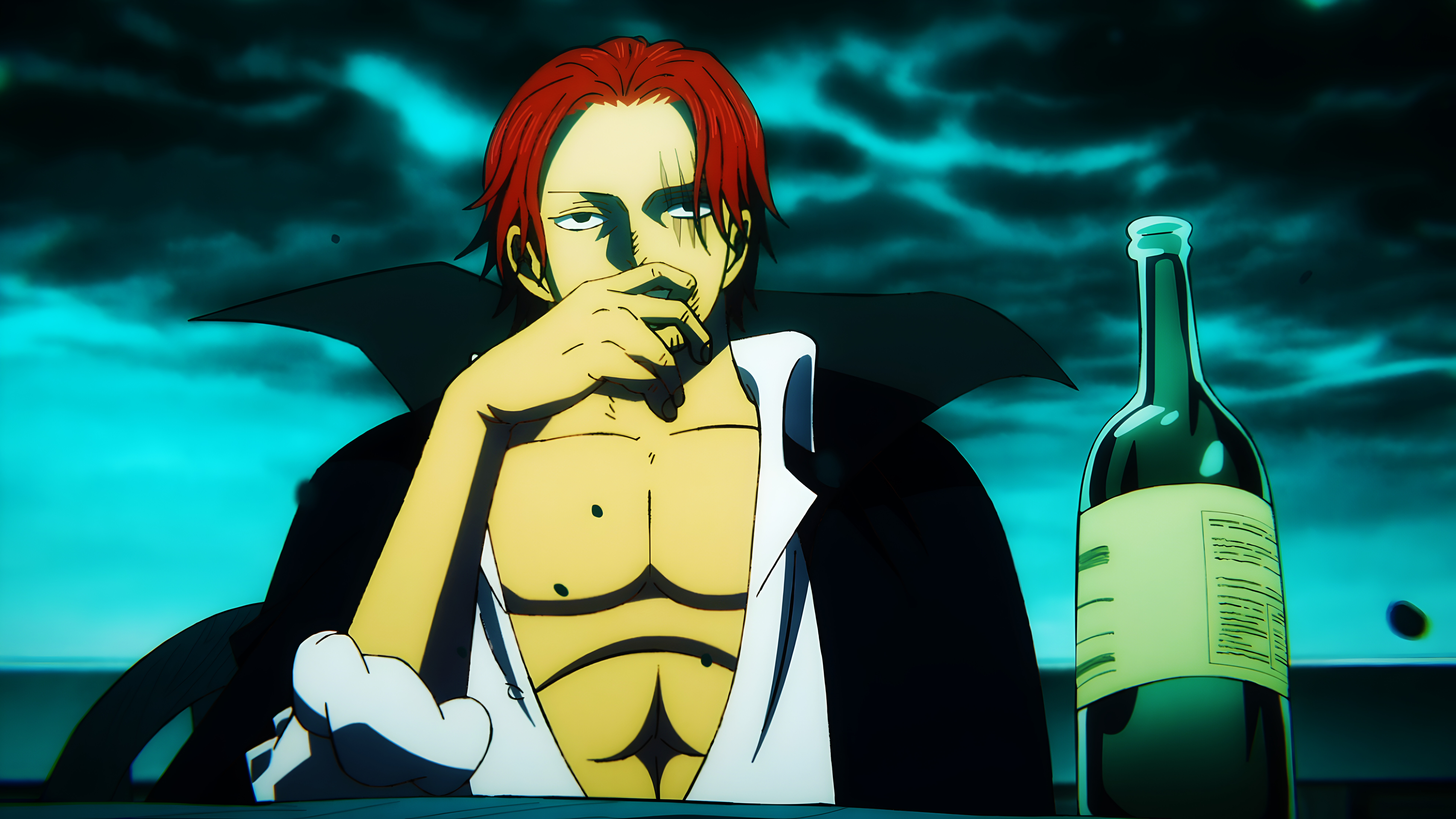 Shanks, Sake bottle, Black cloak, Scarred eye, Night sea horizon, 4K Desktop wallpaper