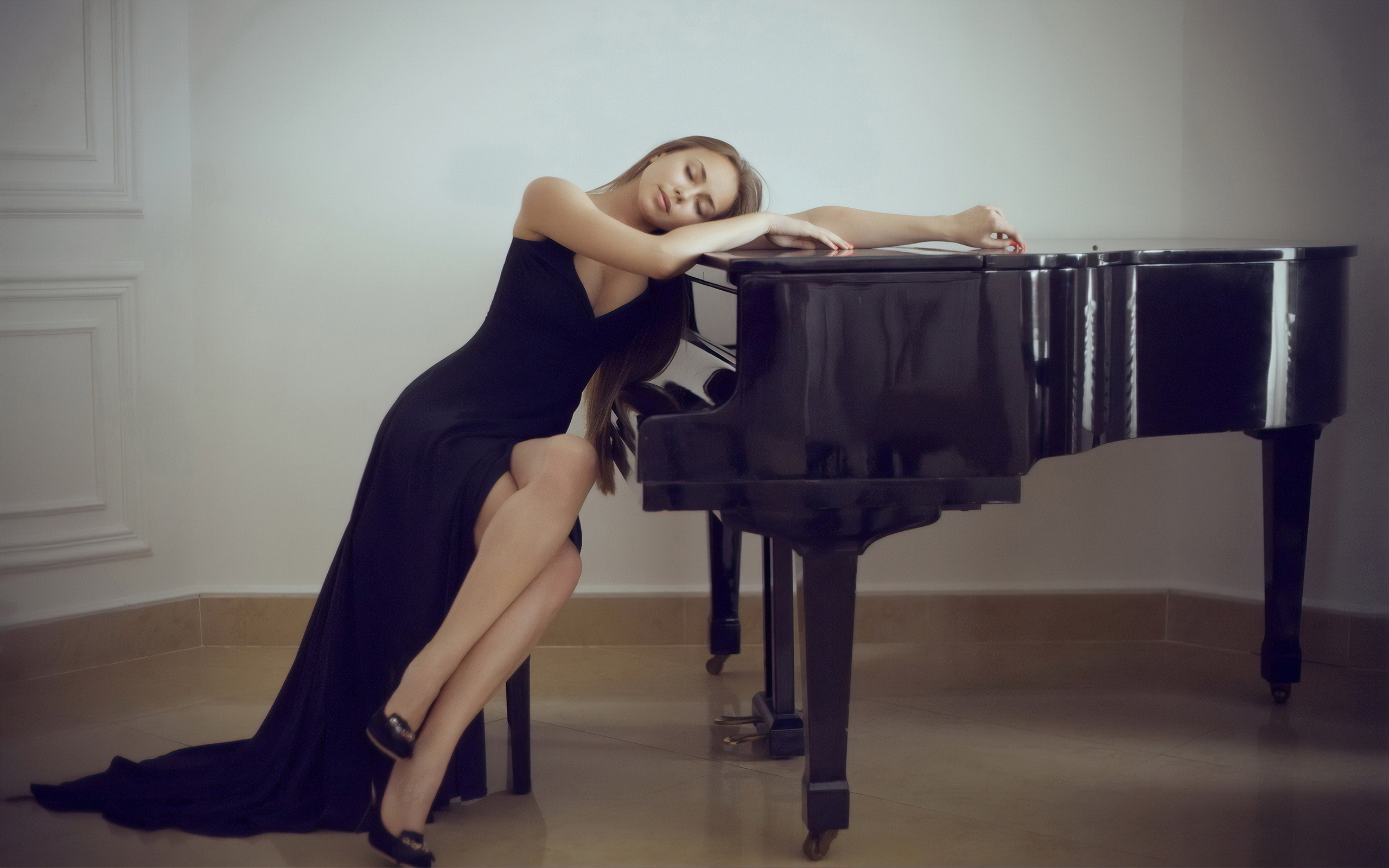 Grand Piano, Girl in black dress, Melancholic beauty, Harmonious connection, 2560x1600 HD Desktop