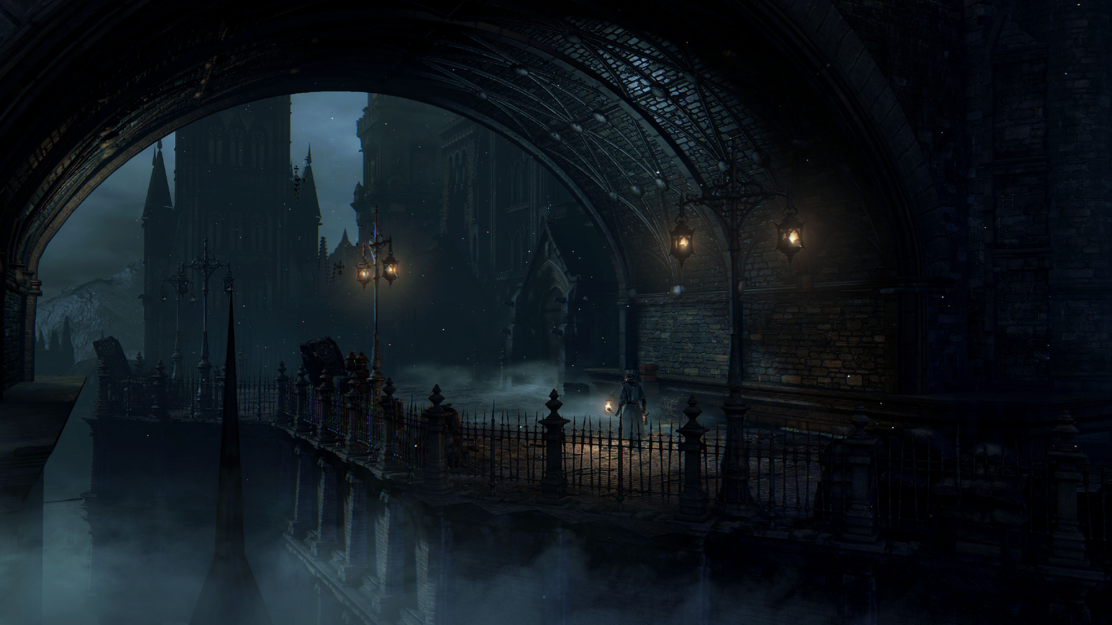 Bloodborne hunter, Central Yharnam bridge, gothic stone archway, 4K Desktop wallpaper
