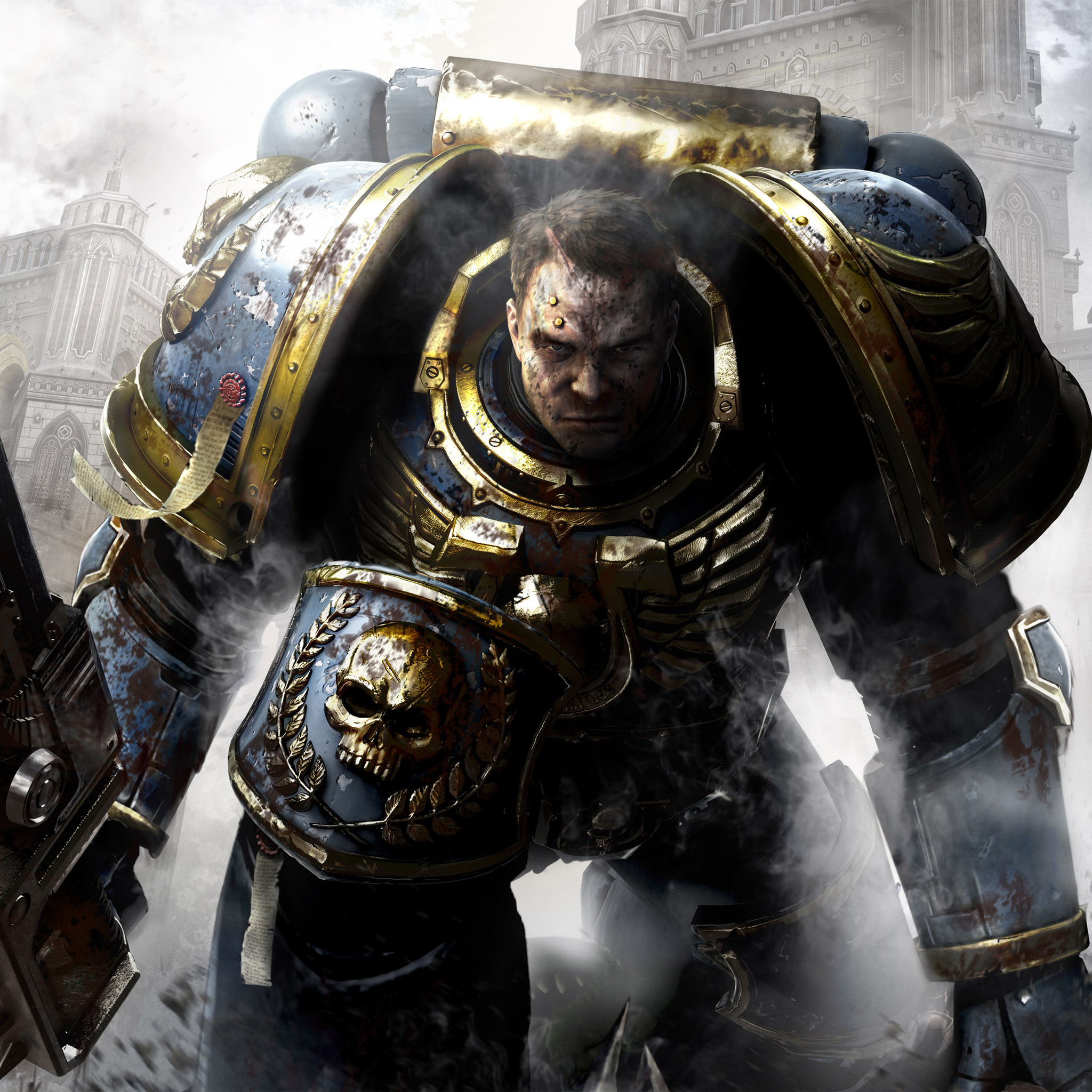 Captain Demetrian Titus, Ultramarines power armor, Imperial Gothic architecture, HD Phone wallpaper