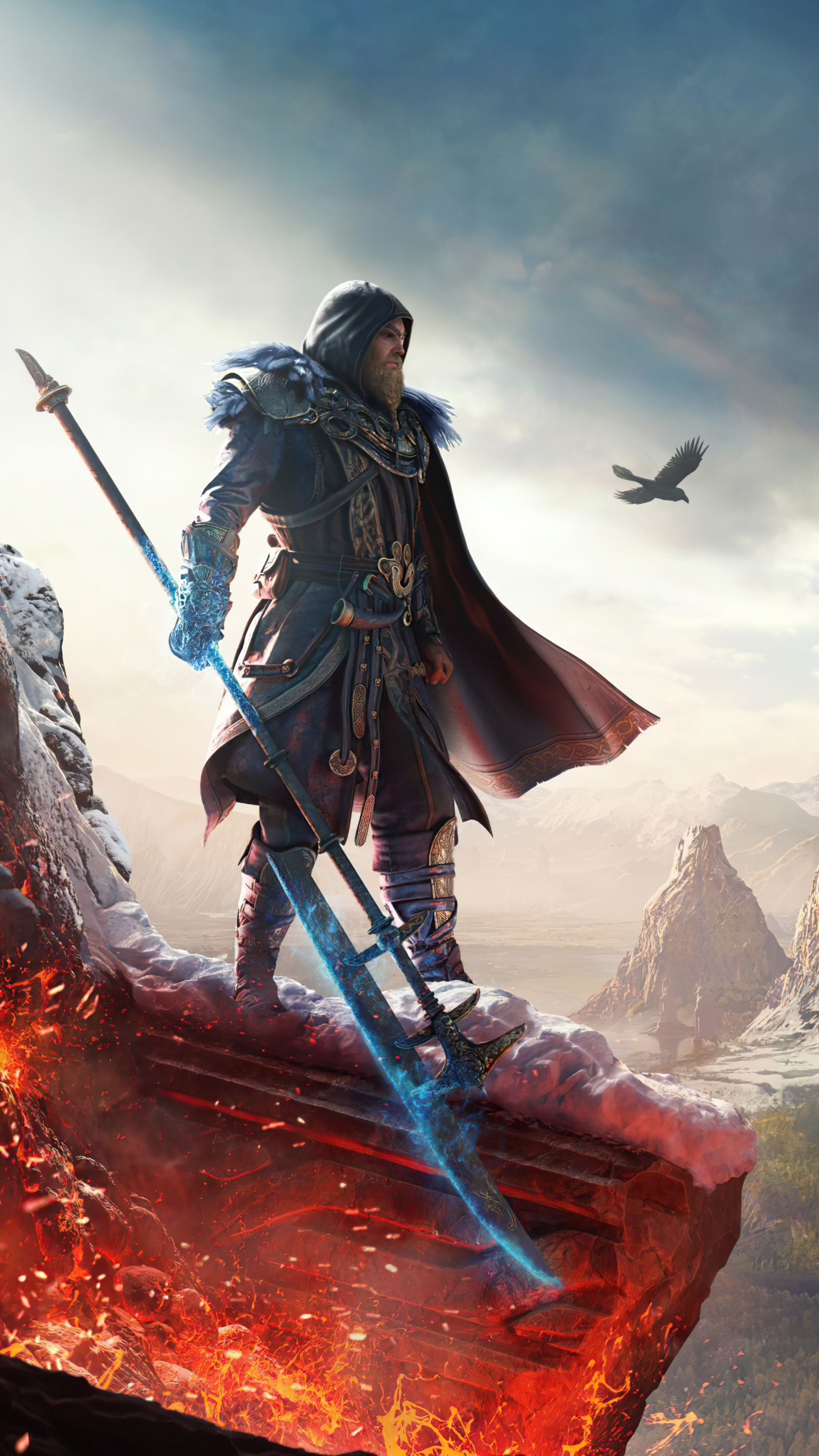 Odin in Assassin's Creed Valhalla, Glowing frost polearm, Svartalfheim mountain landscape, 4K Phone wallpaper