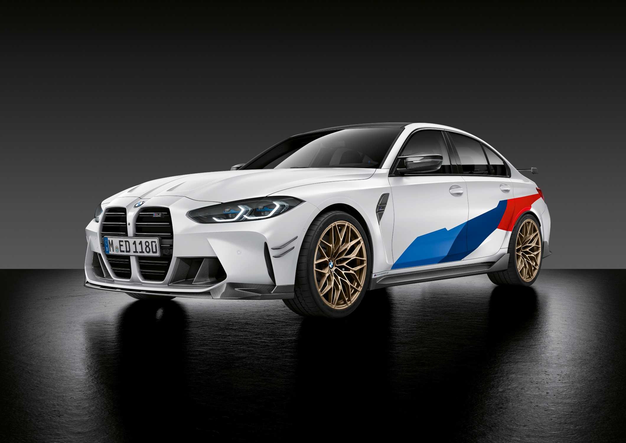 BMW M3 G80 M Performance, BMW M livery stripes, Bronze M Performance wheels, HD Desktop wallpaper