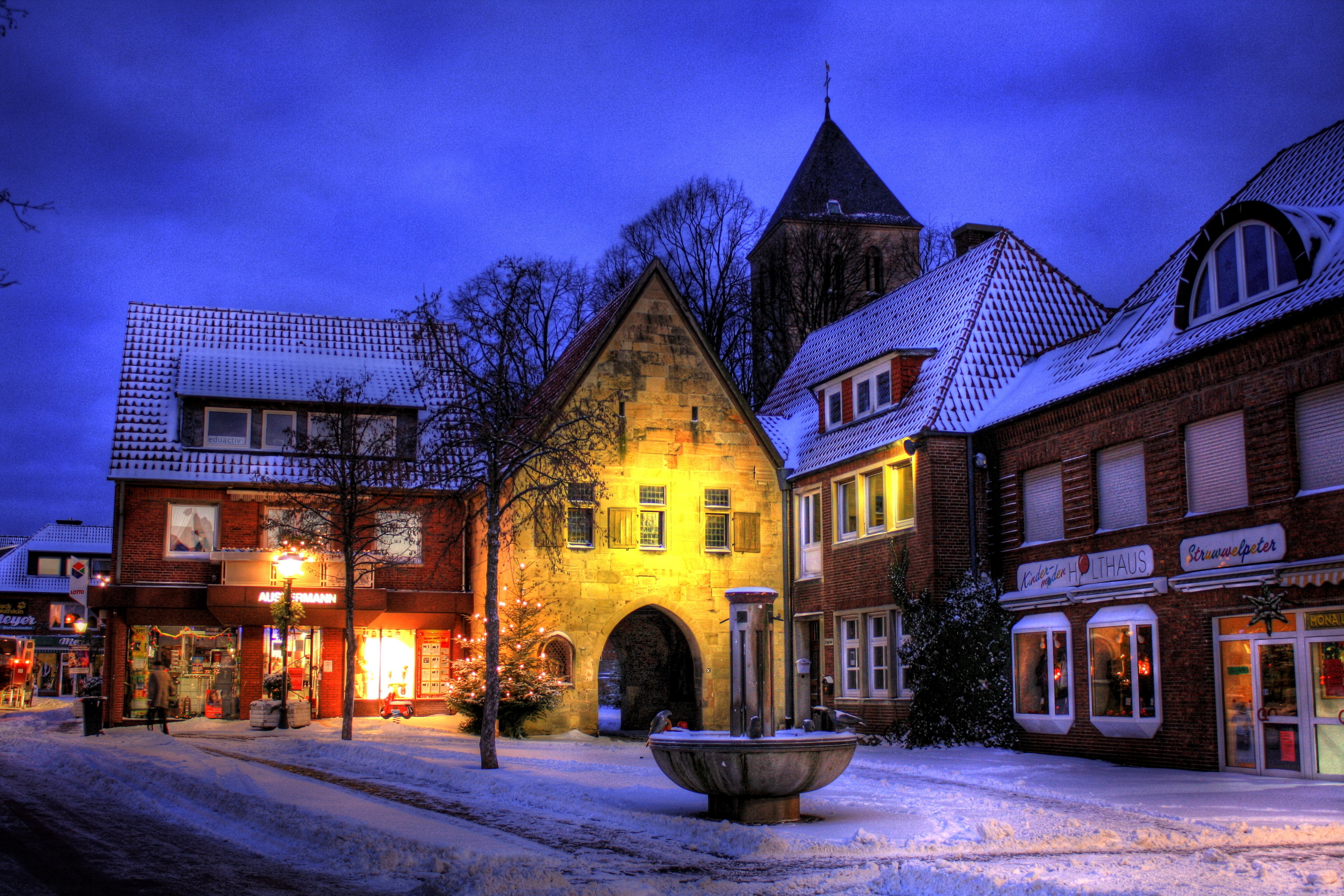 Germany seasons winter, Havixbeck cities, Street lights, HDR, 2980x1990 HD Desktop