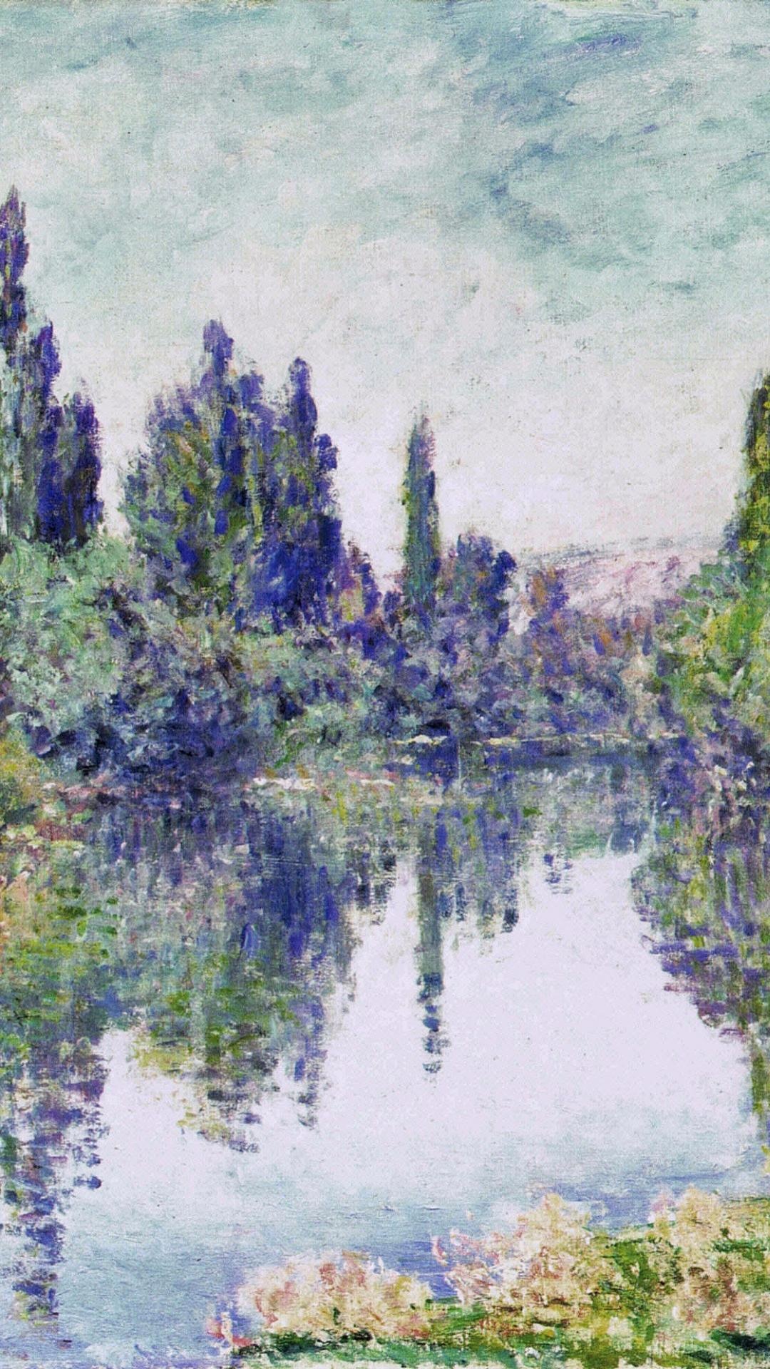 Claude Monet oil painting, poplar tree reflections, Seine river landscape, Full HD Phone wallpaper