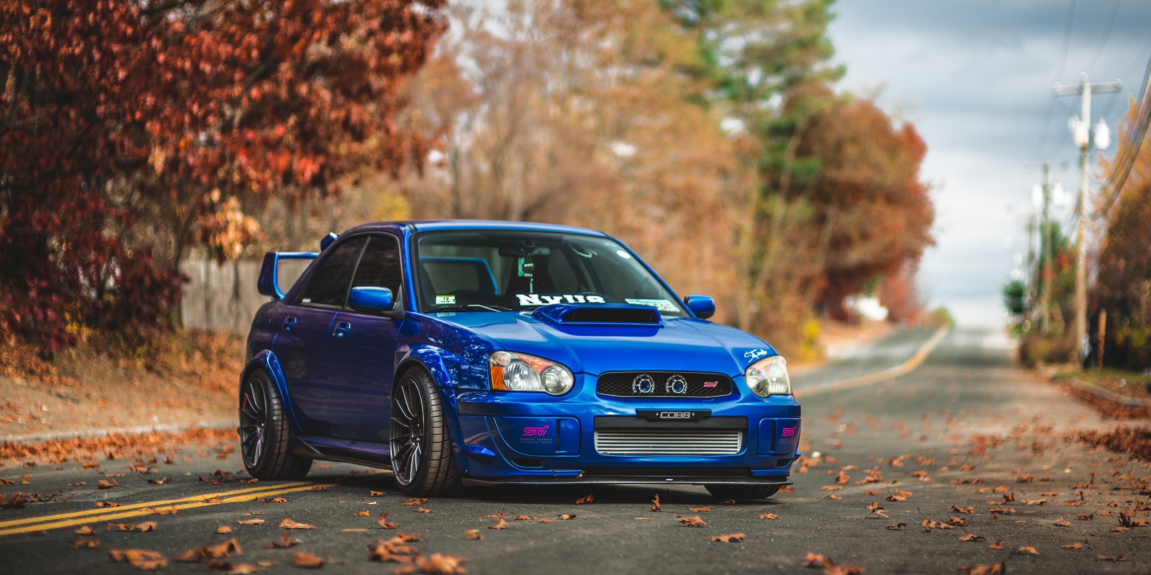 Blobeye Subaru Impreza WRX STI, Cobb front mount intercooler, autumn road fallen leaves, Dual Screen Desktop wallpaper