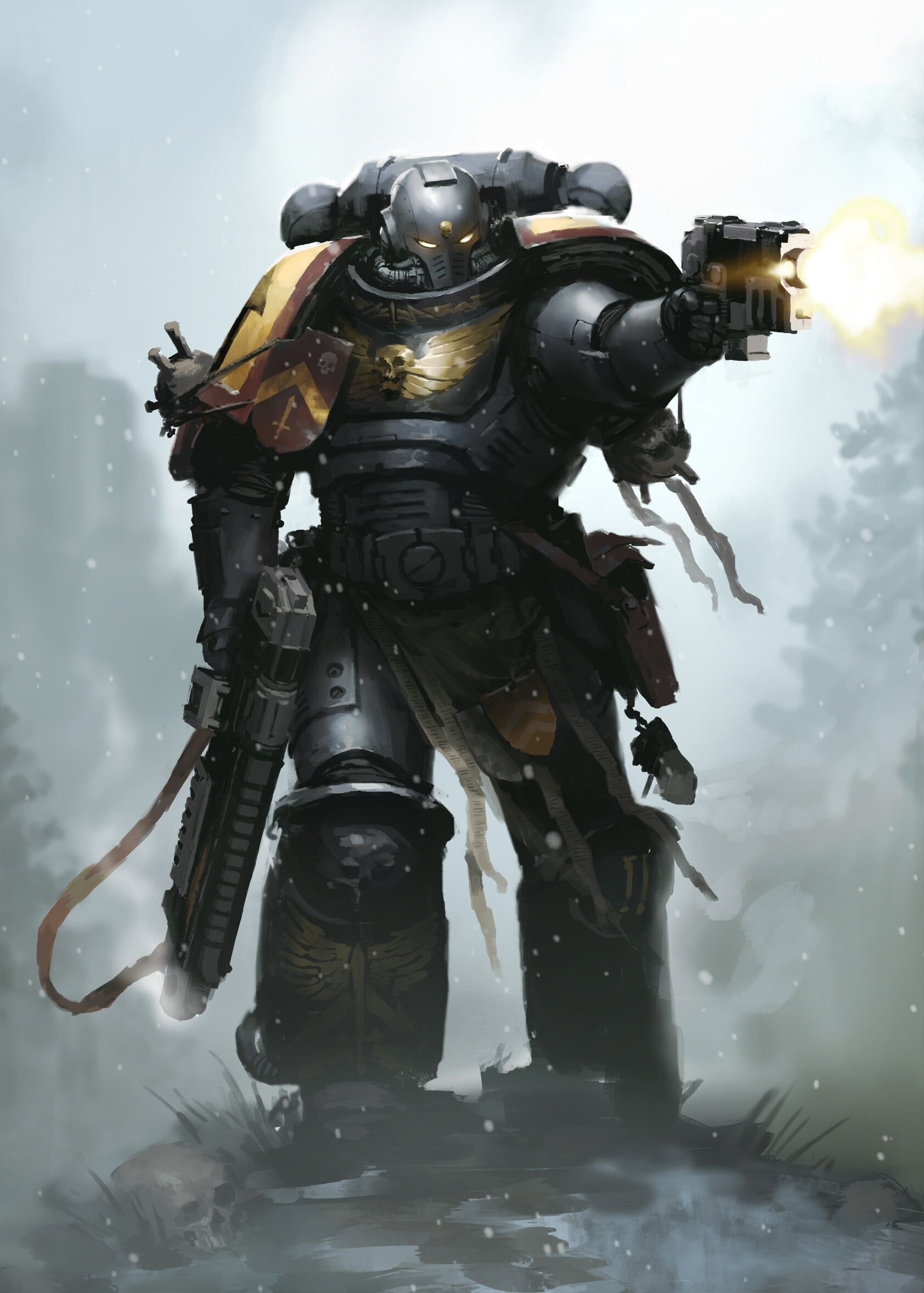 Warhammer 40,000 Space Marine, Firing bolt pistol, Snowy winter battlefield, HD Phone wallpaper