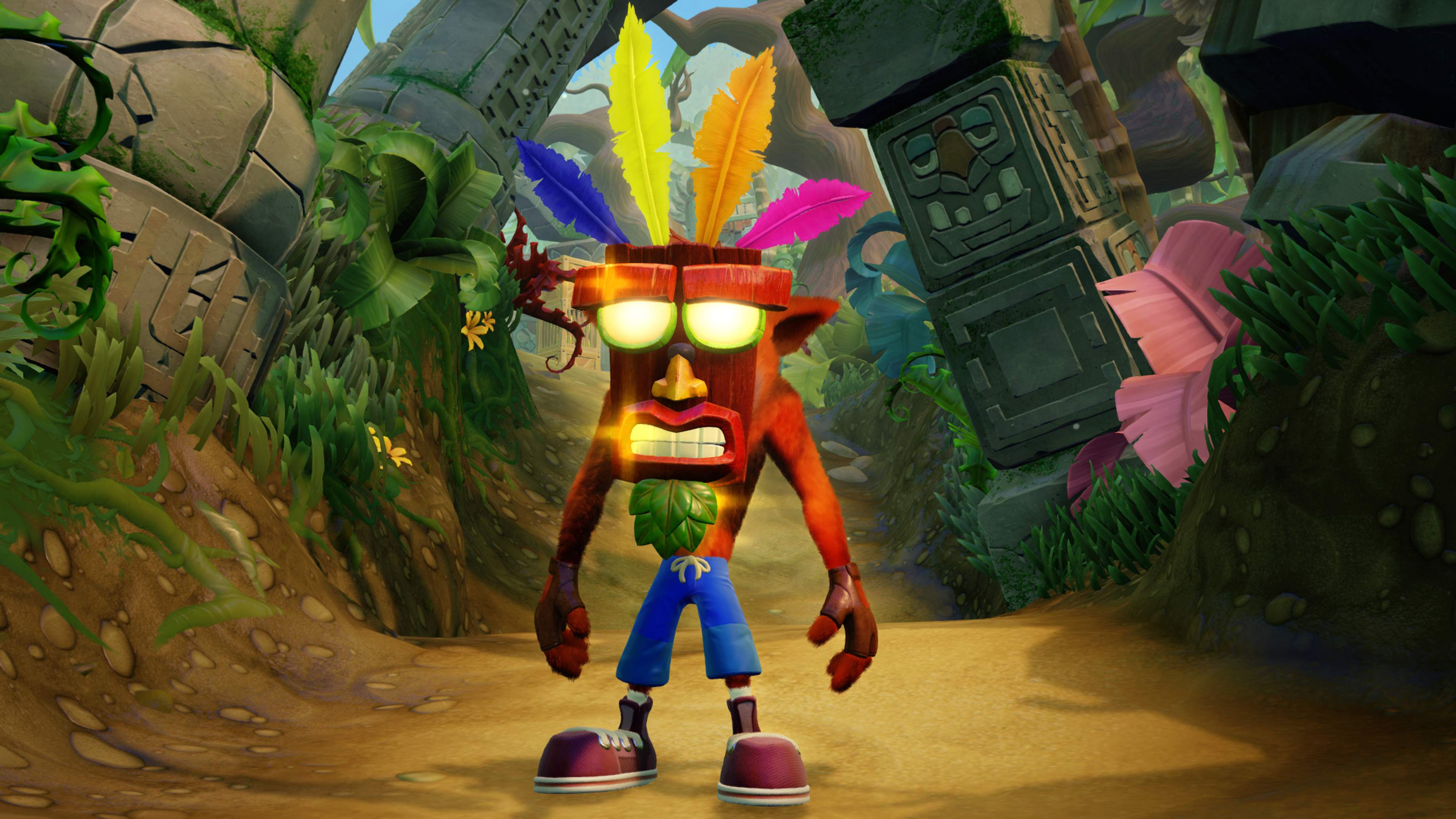 Crash Bandicoot, Aku Aku mask, Jungle ruins pathway, 4K Desktop wallpaper
