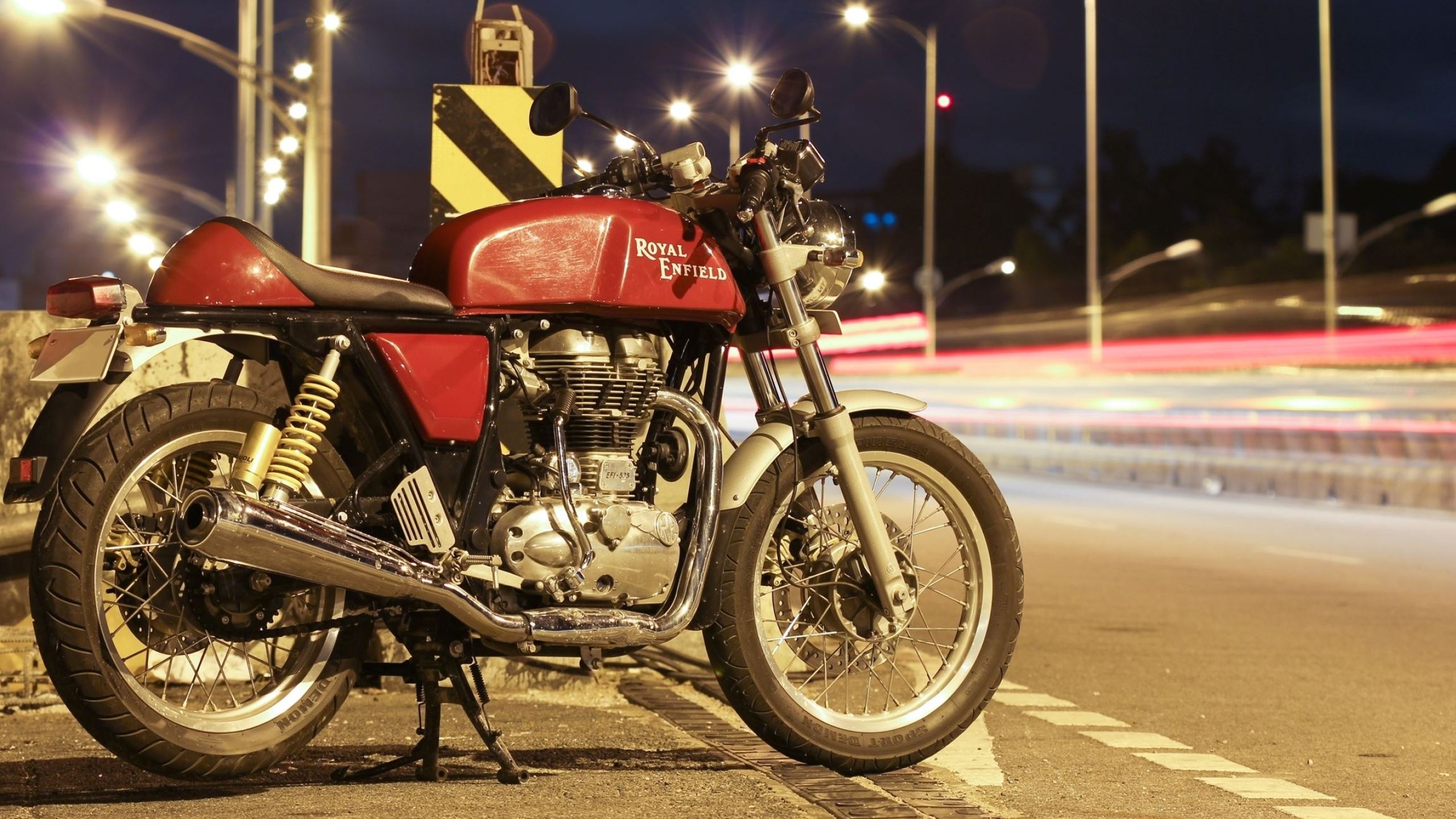 Royal Enfield Continental GT 535, Night highway light trails, Chrome motorcycle exhaust pipe, HD Desktop wallpaper