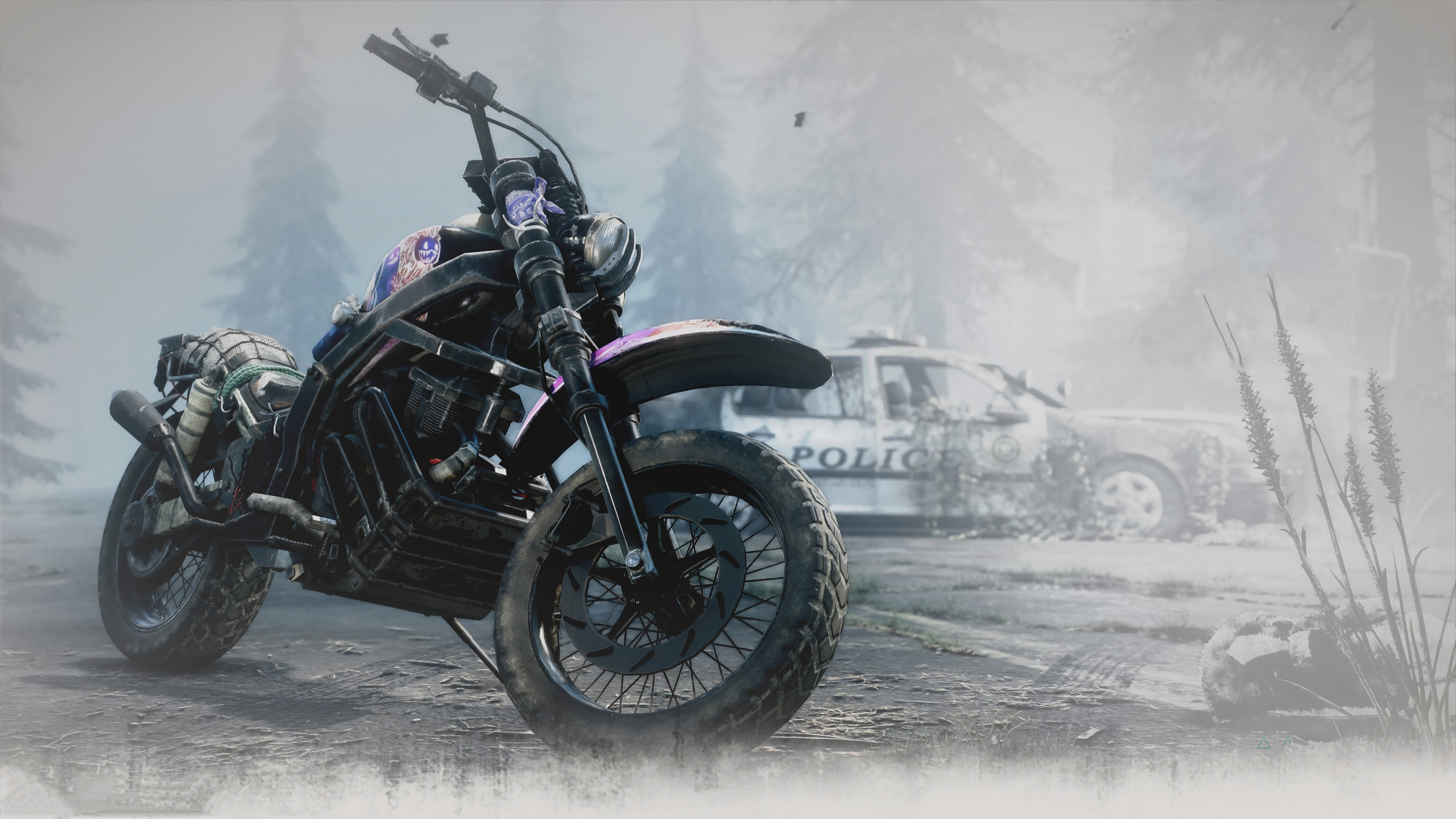 Deacon's drifter bike, abandoned POLICE cruiser, foggy pine forest, 4K Desktop wallpaper