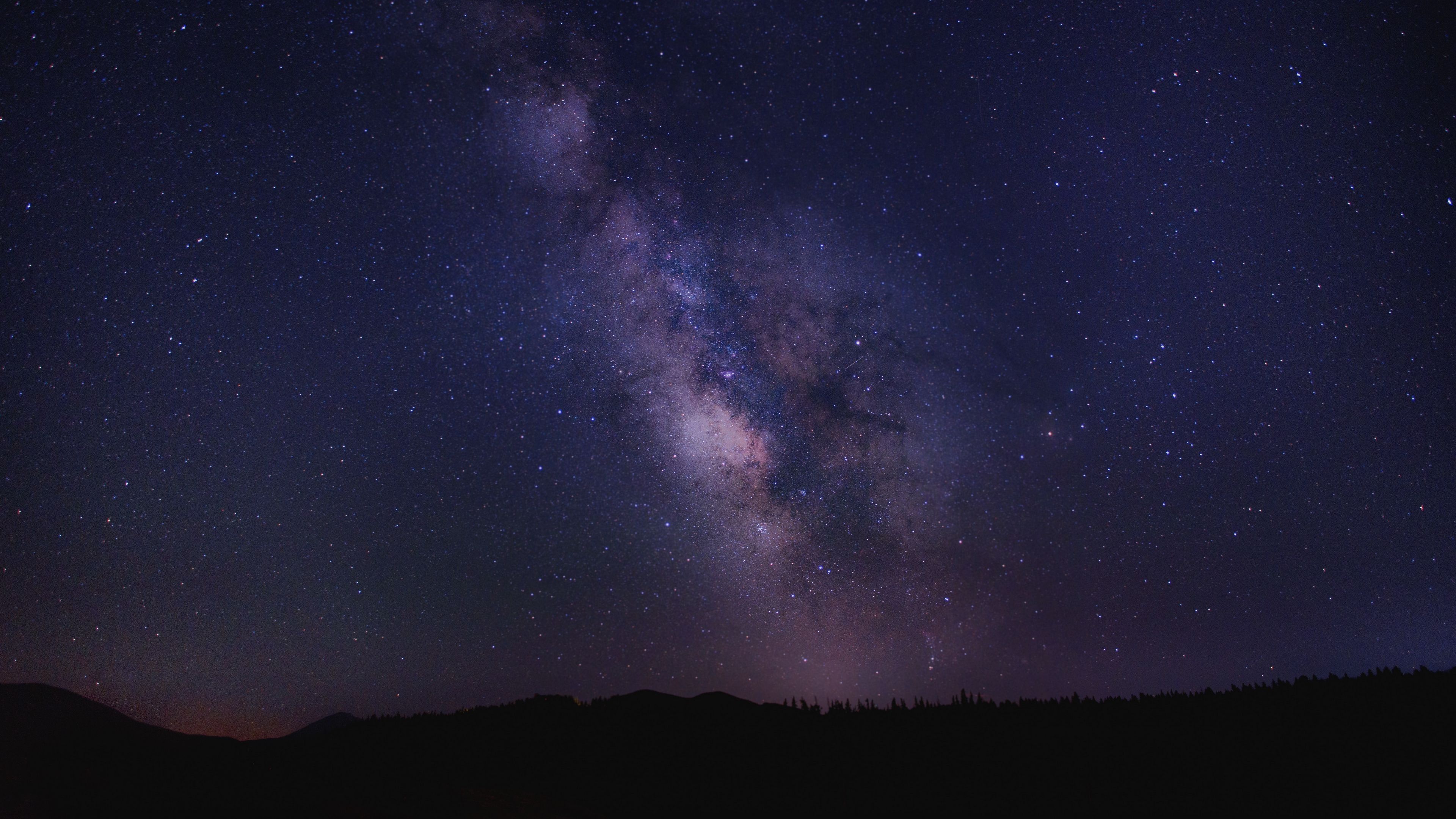 Milky Way galaxy, Silhouetted forest horizon, Starry night sky, 4K Desktop wallpaper