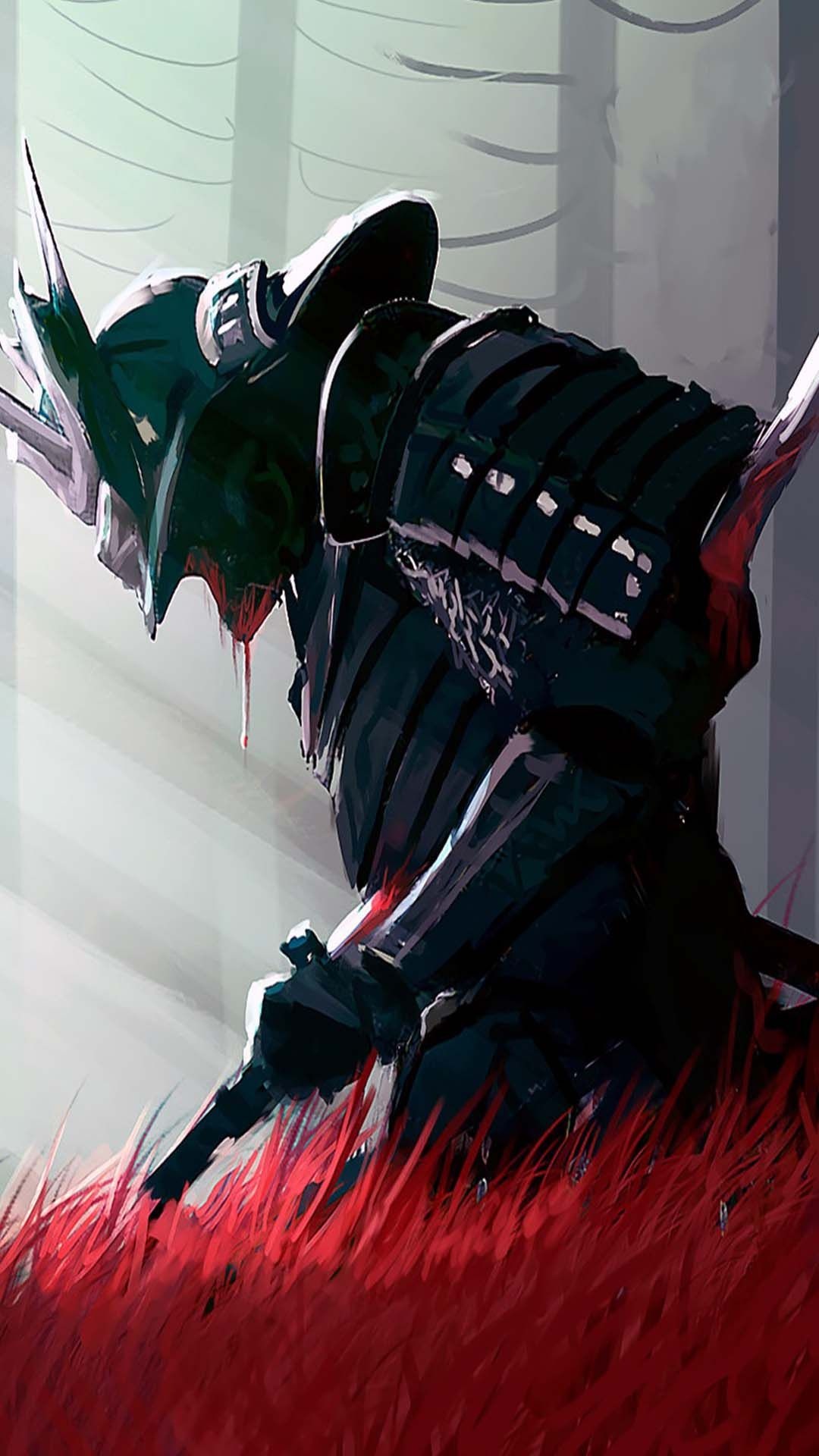 wounded samurai warrior, black samurai armor, crimson grass field, Full HD Phone wallpaper