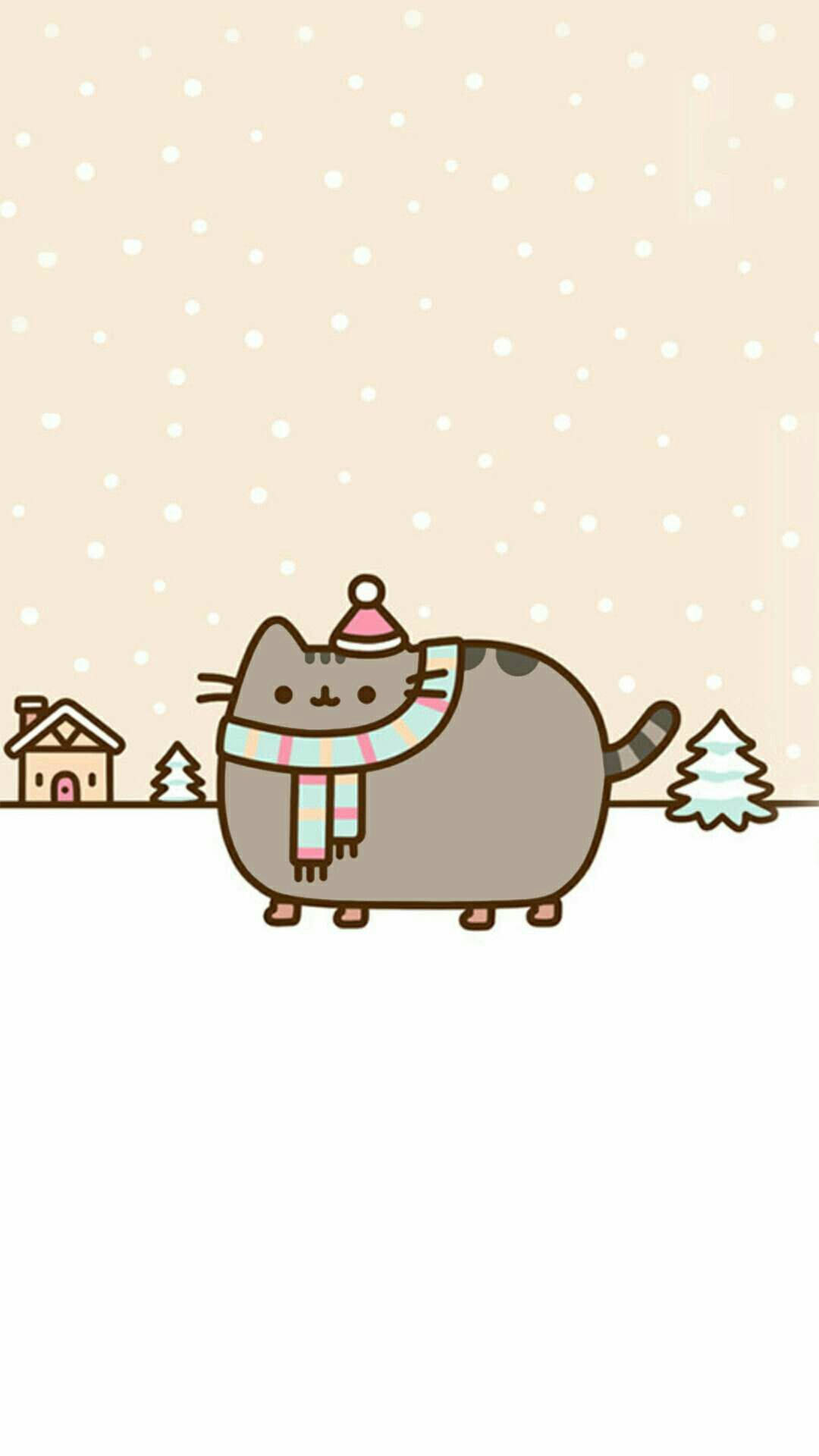 Pusheen the cat, Winter scarf and beanie, Falling snow landscape, Full HD Phone wallpaper