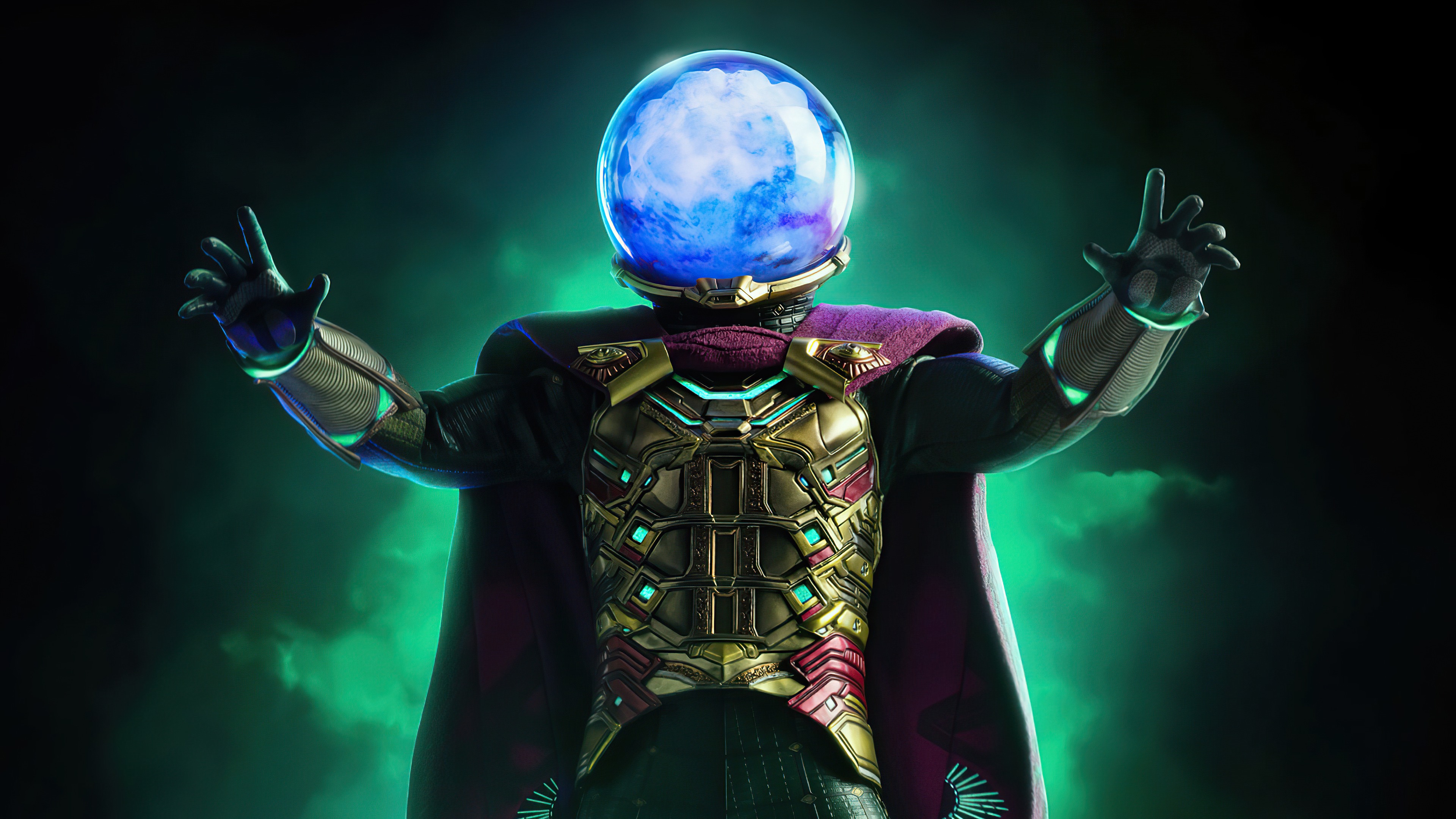 Far From Home, Mysterio, Open arms gesture, Green smoky background, 4K Desktop wallpaper