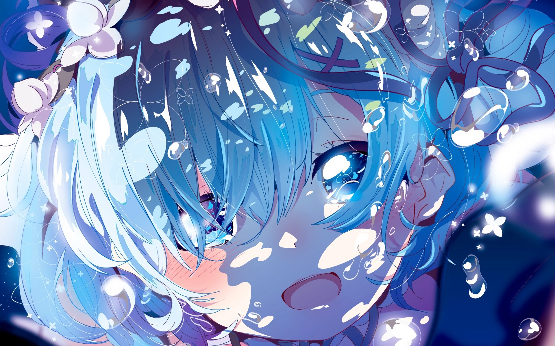 Rem from Re:Zero, White flower hairpiece, Underwater bubbles and caustics, HD Desktop wallpaper